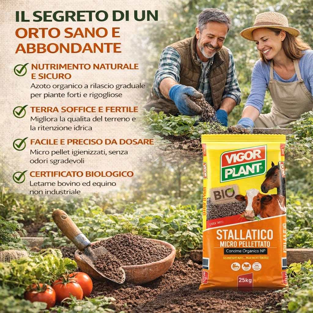 50 Kg Concime Orchidee Organico Biologico, Stallatico Micro Pellettato - Concime Piante Verdi, Letame Bovino ed Equino a Lento Rilascio con Azoto e Acidi Umici per Orto, Giardino e Coltivazioni