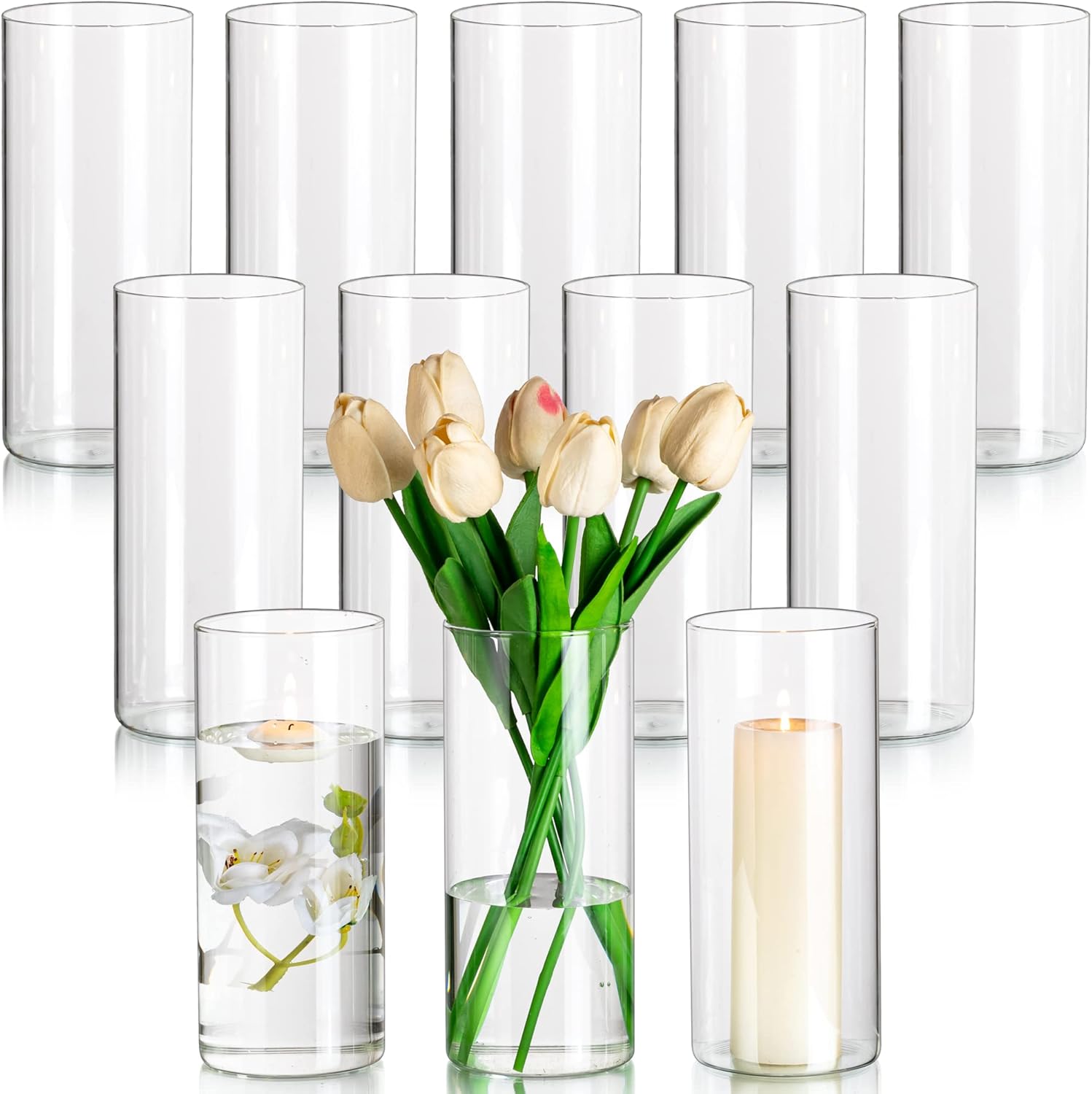Glasseam Glass Cylinder Vases for Centerpieces, Clear Flower Vase Set of 12, Modern Floating Candle Vases Decor, Decorative Hurricane Pillar Candle Holders for Wedding Dining Table Decorations, 8in 12 8in