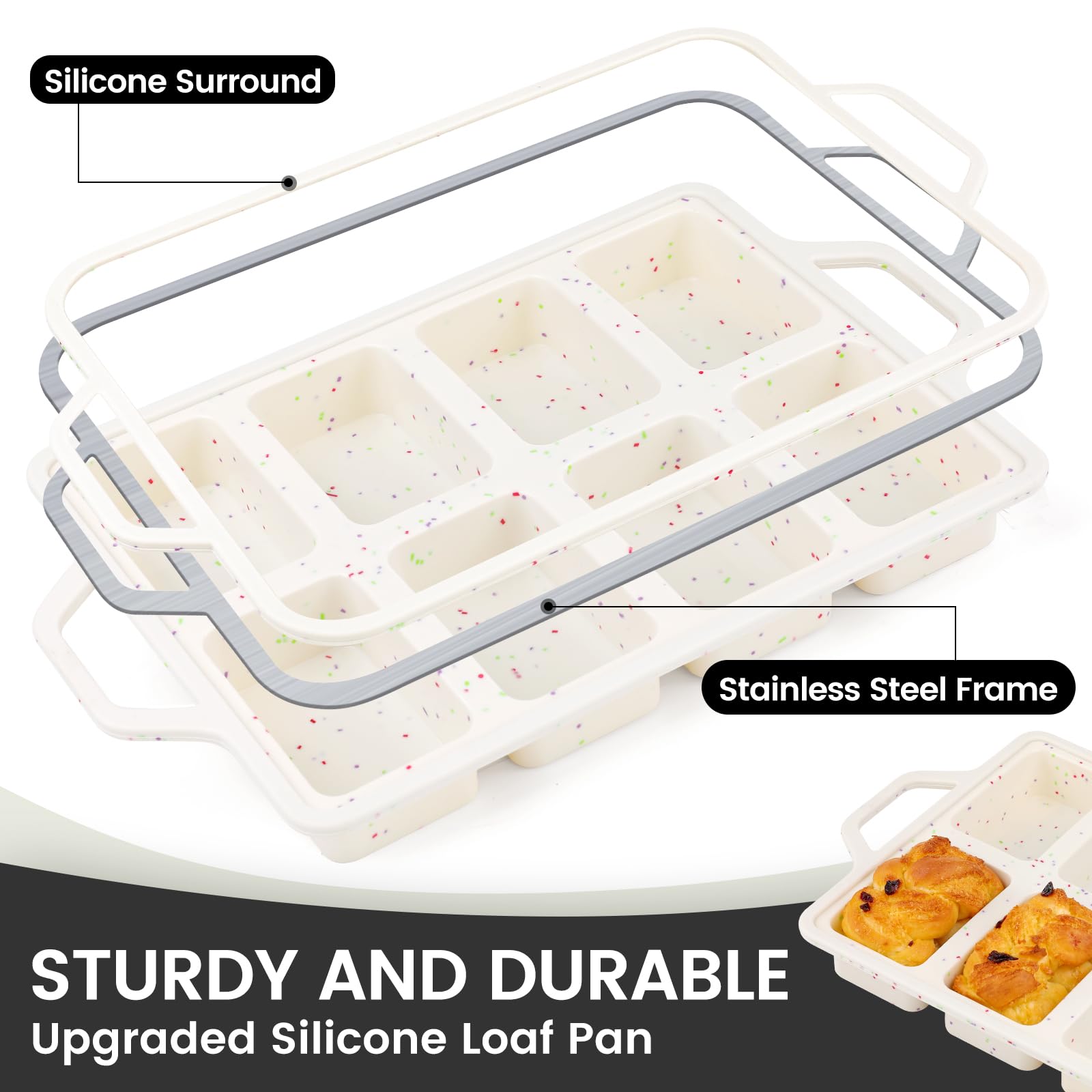 Vinino Lot de 2 mini moules à pain en silicone avec cadre renforcé en métal - Antiadhésifs - Pour la cuisson de 8 cavités - Passe au lave-vaisselle - Crème