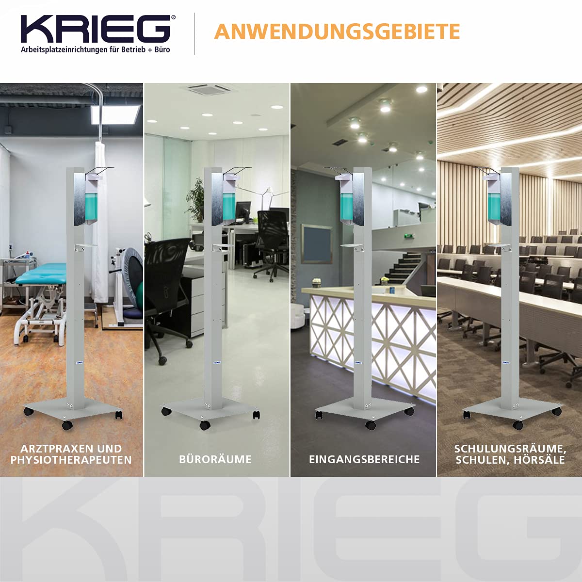 KRIEG Desinfektionsmittelständer mit Auffangteller stehend I Silber I Hygienestation freistehend & mobil I Hygienesäule mit Desinfektionsmittel I 1000 ml - 333 Sprühstöße I Ready to go