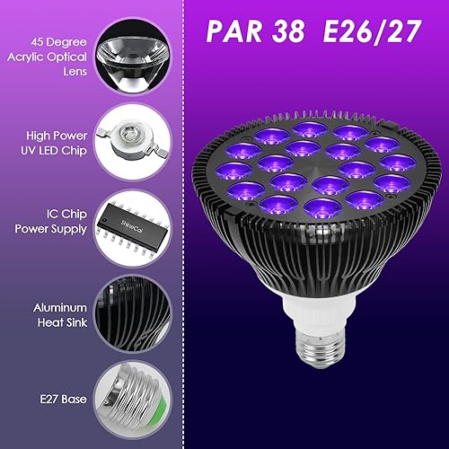 Miniatura 2 de Bombillas negras de 18 W, luz negra UV E27, luz UV púrpura par luz que brilla en la oscuridad 395-400 nm UV LED lámparas de cultivo de plantas,