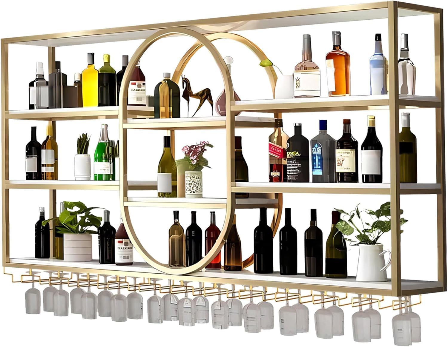 140CM Portabottiglie da parete grande, portabottiglie sospeso in metallo a 4 ripiani con ripiani per bicchieri, mensole sospese moderne per la decorazione di bar e sala da pranzo (Oro)
