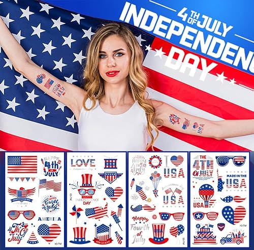 Miniatura 5 de Decoraciones del 4 de julio, tatuajes temporales, 8 hojas impermeables para el Día de la Independencia, tatuajes falsos adhesivos patrióticos para