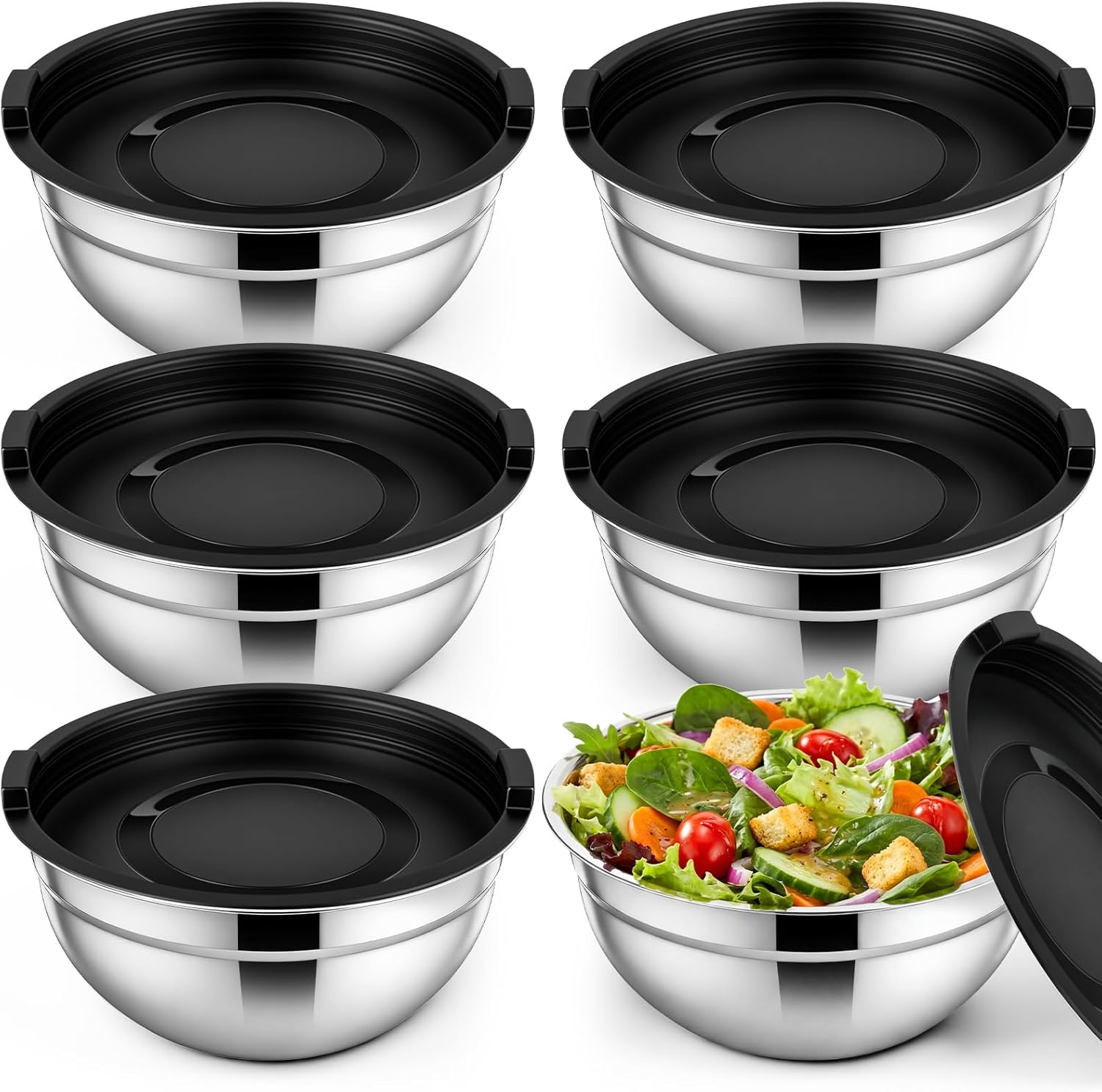 Geetery 6 Pack Stainless Steel Mixing Bowls with Airtight Lids 3qt Metal Mixing Bowl Thicker Stainless Steel Salad Bowls for Food Prep, Baking, Storage, Cooking, Serving Dishwasher Safe
