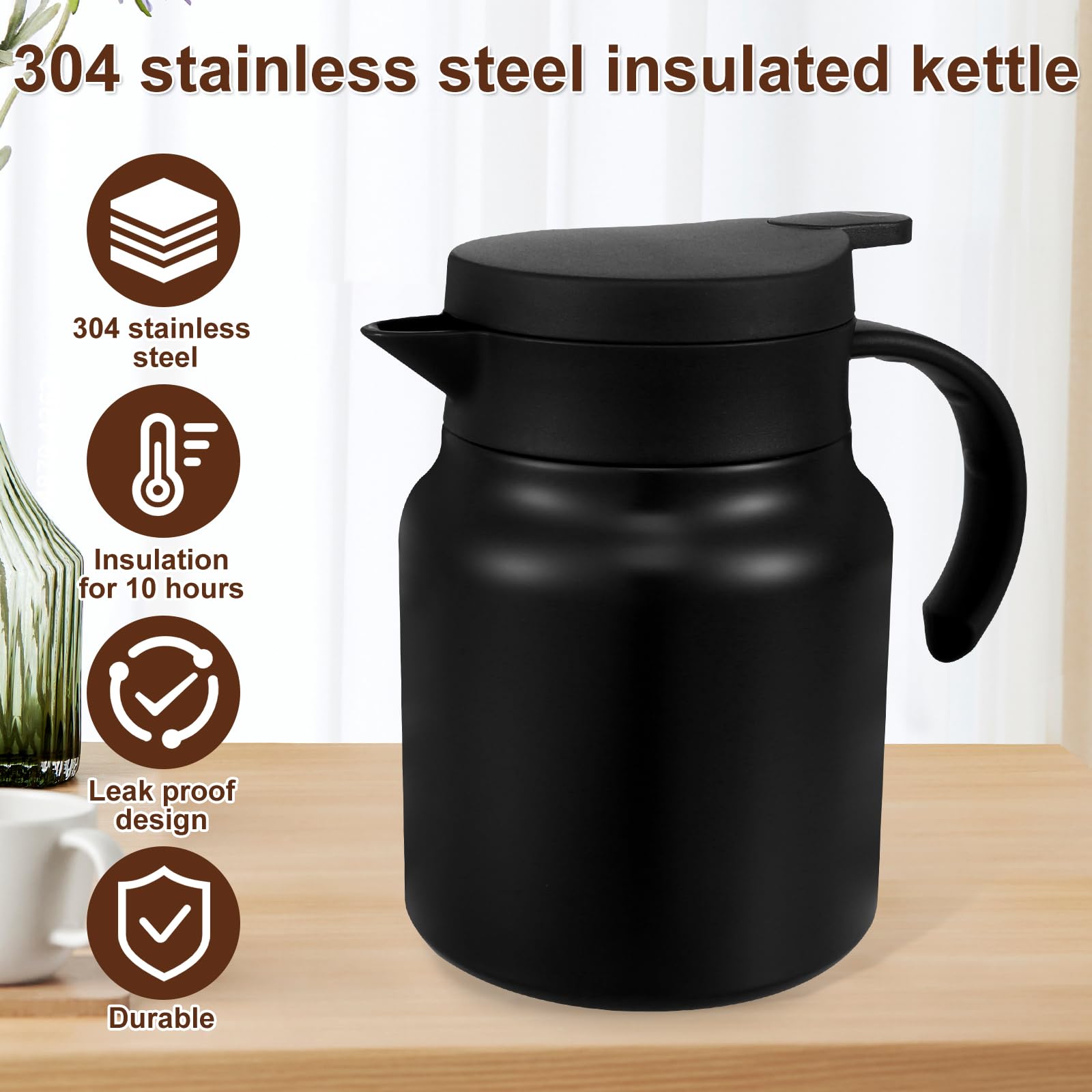 1000ML Large Capacity Thermal Coffee Carafe, 316 Stainless Steel Insulated Tea Pot, Leak-Proof Insulated Water Pitcher, Travel Coffee Pot–Tea Pot Keep Water or Hot & Fresh (Black)