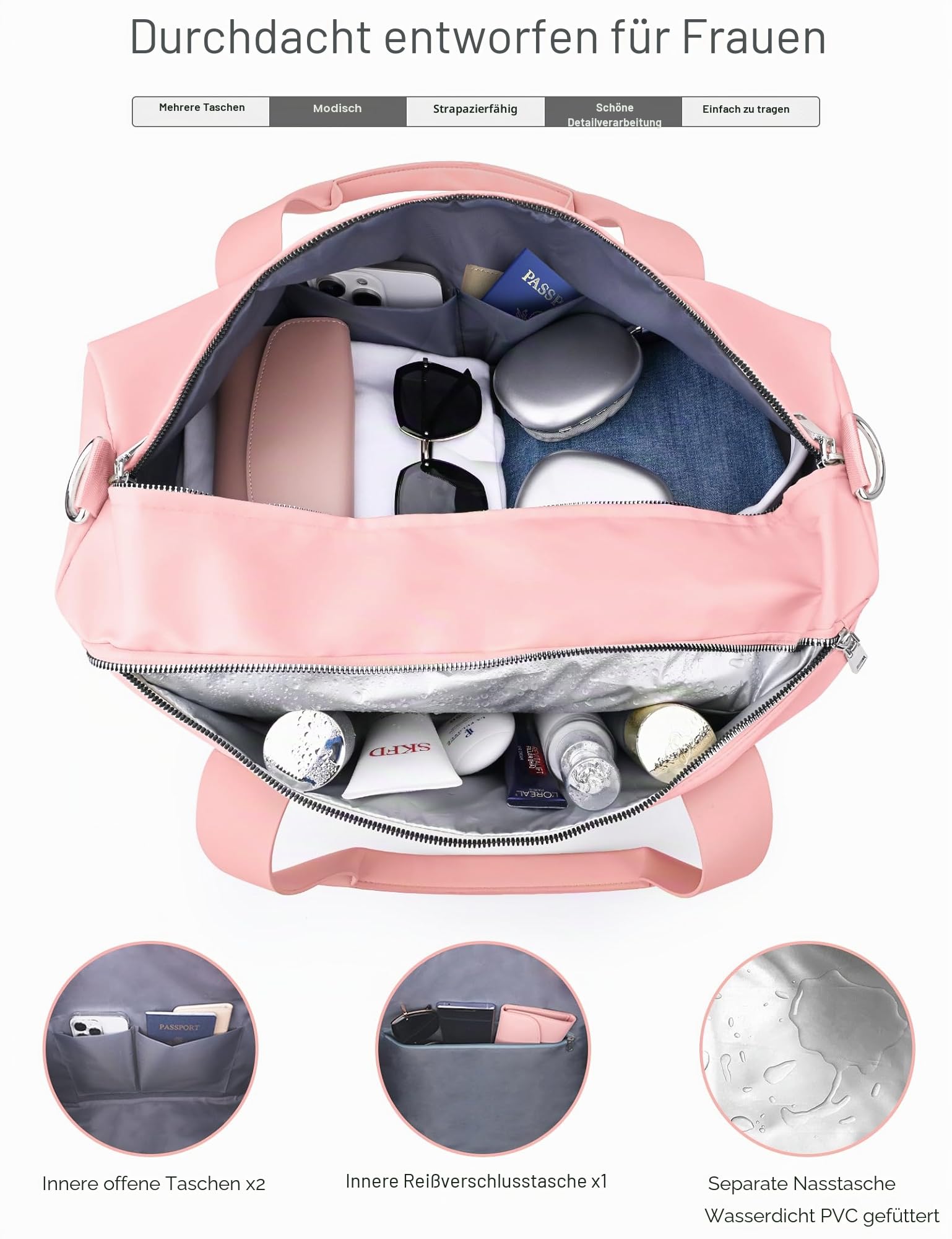 19 Zoll Sporttasche Reisetasche für Damen und Herren,wasserdichte Handgepäcktasche,Trainingstasche für Reisen Schwimmenmit Schuhfach und Nassfach,Griff aus PU Leder (Rosa,49x20x25 cm,25L)
