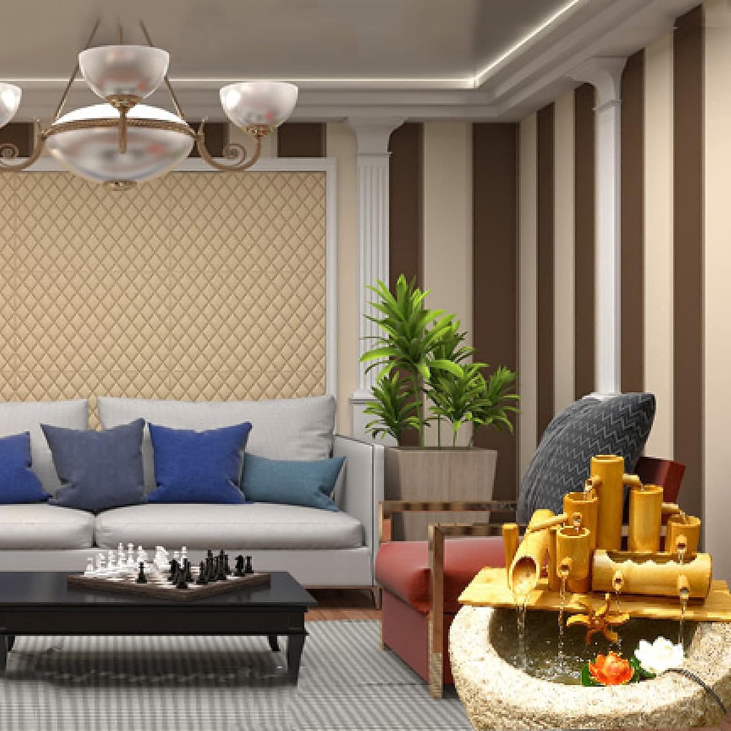 Bamboo Fountain Decor, Garden Water Feature, with Water Pump, Waterwheel and 3 Lotus, Outdoor FlowingGarden Decoration