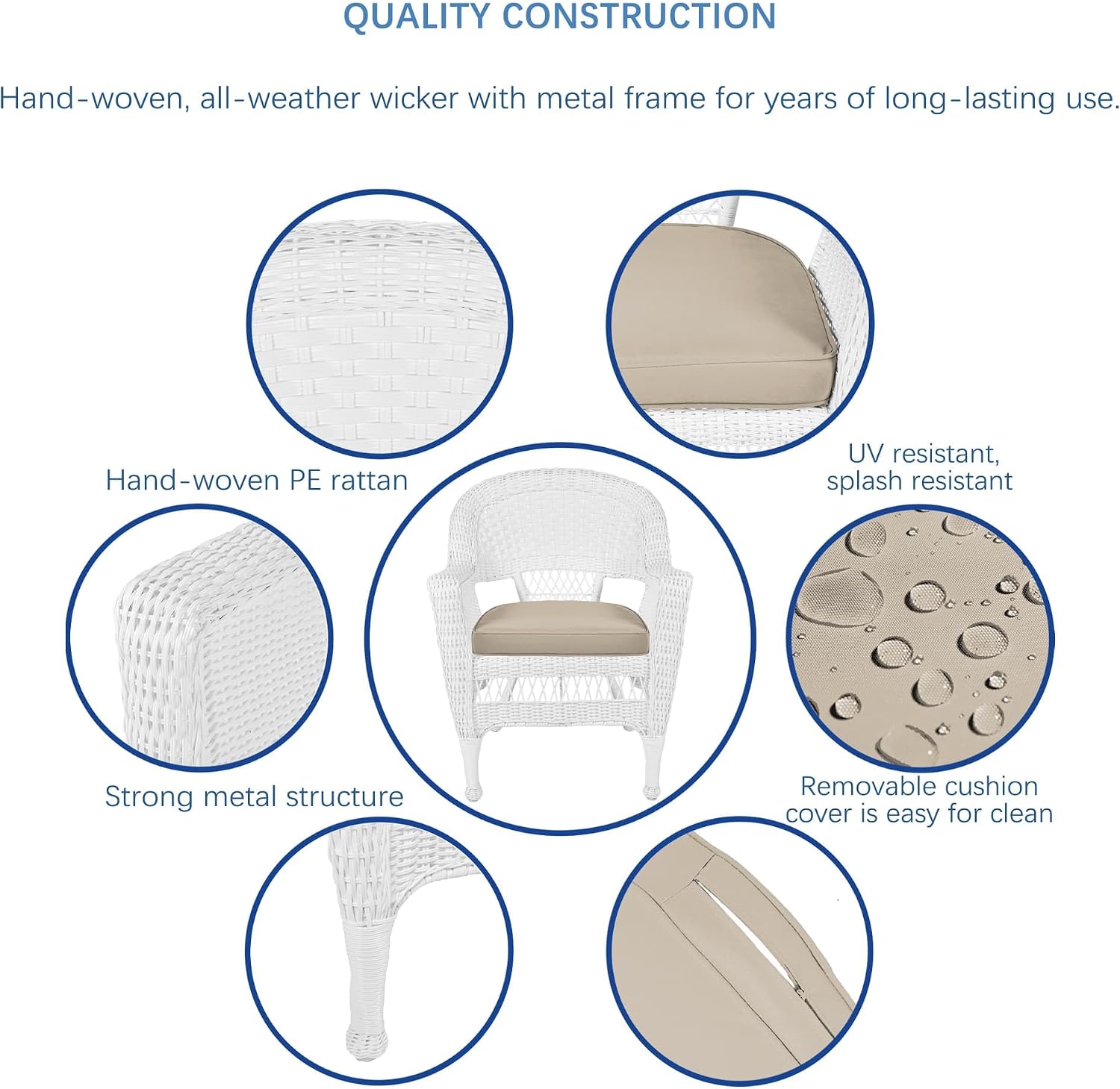 Jeco 3 Piece Wicker End Table Set with with Tan Chair Cushion, White