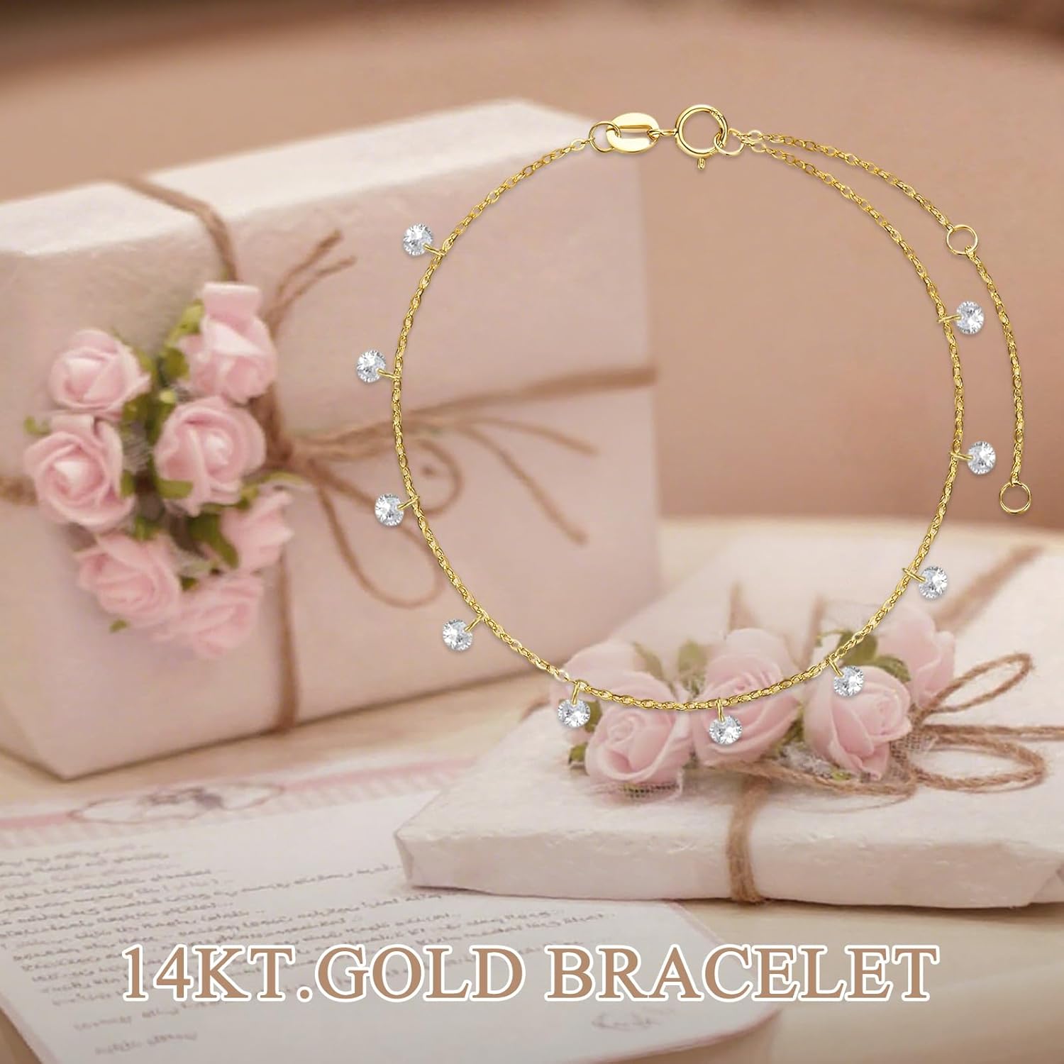 14K Gold Station Bracelet for Women,Yellow Gold Simple Metal Piece/Cubic Ziron Bracelets Anniversary Christmas Mother’s Day Jewelry Gift for Mom Wife Her 6.5''+2'' - Image 5