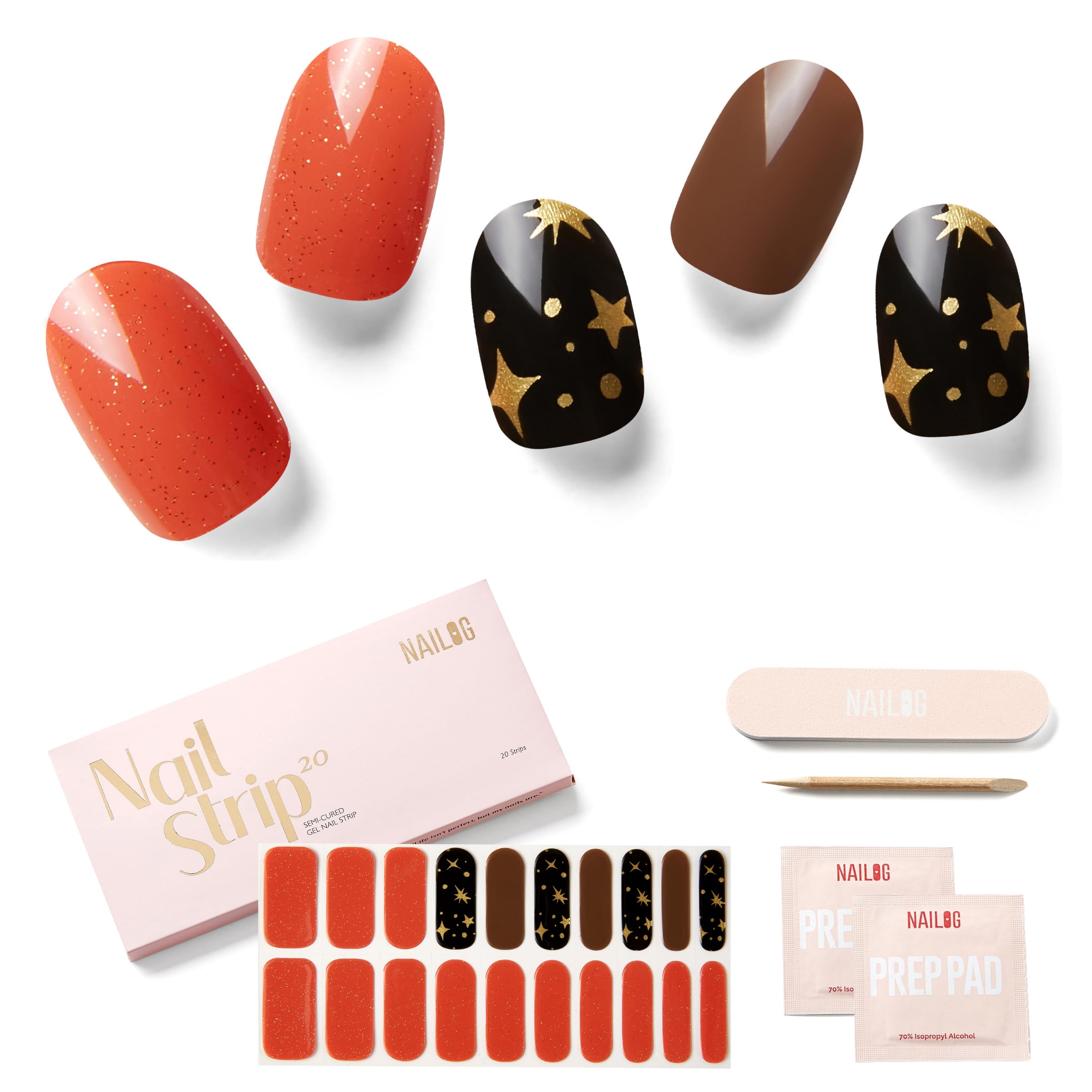 NAILOG Semi Cured Gel Nail Strips Orange Red Nail Stickers - Sienna Myth