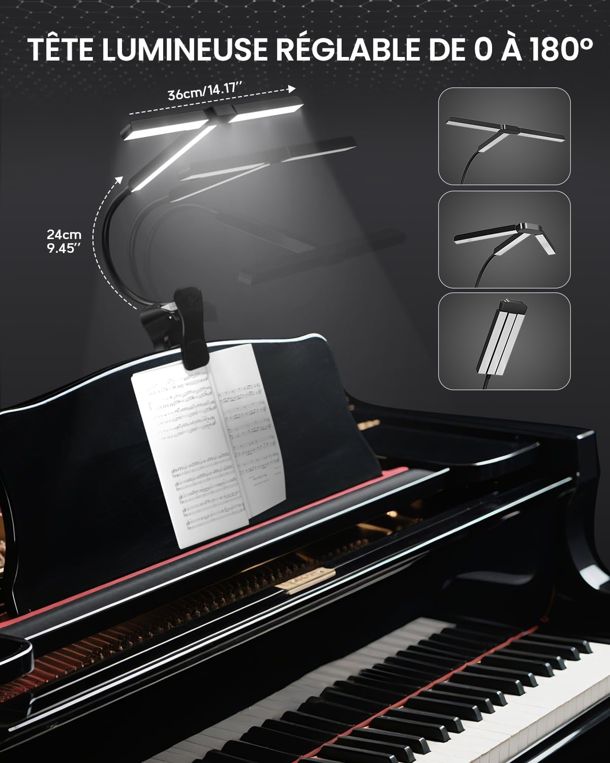Lampe de Pupitre de Musique Ultra-Large 36CM, Super-Lumineux 57 LEDs, 4 Couleurs x 3 Luminosités, Lampe de Piano Pliable en Forme-T pour Partitions et Livres, USB-C Rechargeable