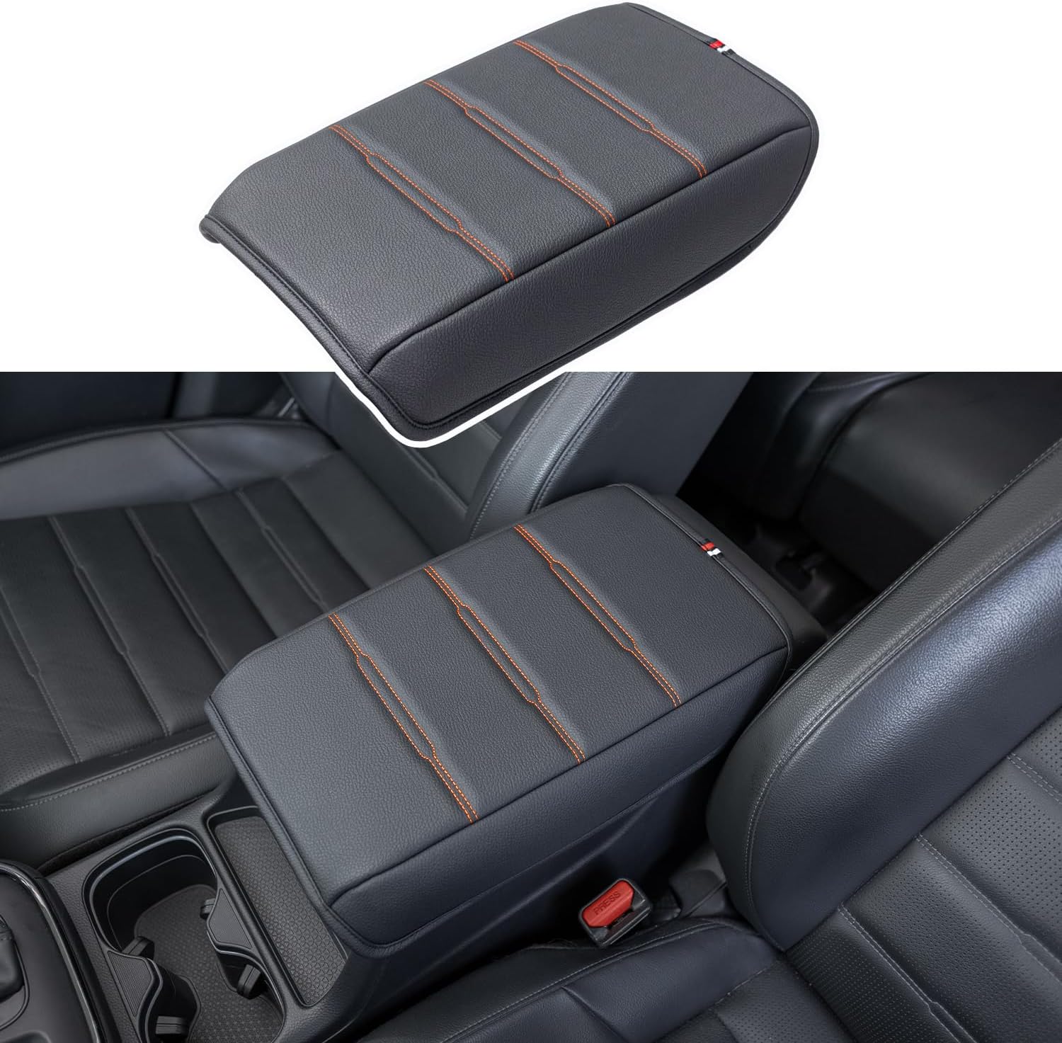 PIMCAR Center Console Cover Designed for 2026 2025 2024 2023 Honda CRV, PU Leather Armrest Box Cover Interior Protector Accessories(Black/Orange Stitches)