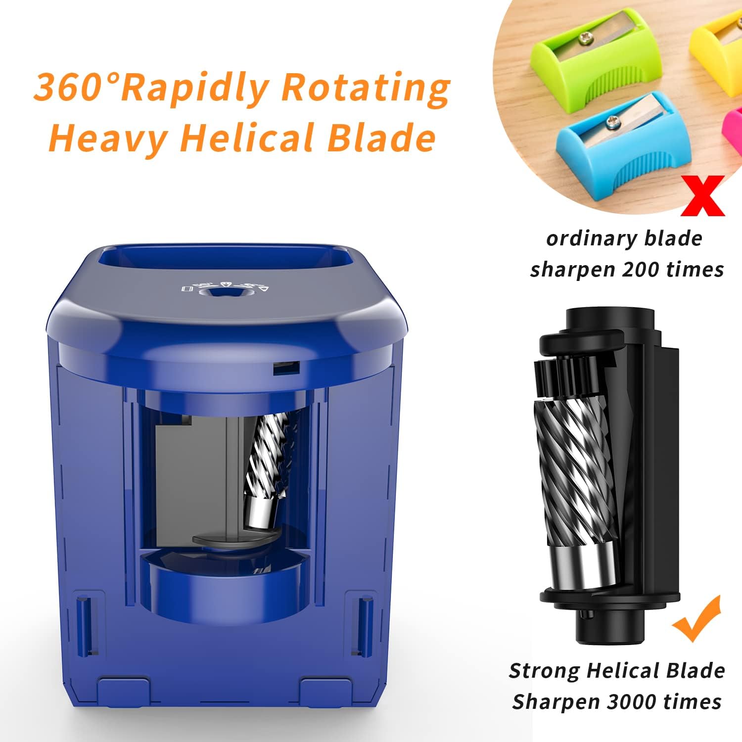 Electric Pencil Sharpener Heavy-Duty Helical Blade Sharpener with Adapter/Battery Operated for No.2/ (6-8mm) Pencils with Auto Stop & Cleaning Brush in School/Classroom/Office (Blue)
