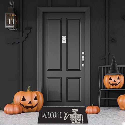 Miniatura 4 de Tapete de bienvenida antideslizante con diseño de calavera divertida para interiores y exteriores, decoración de fiesta de Halloween, 17 x 29