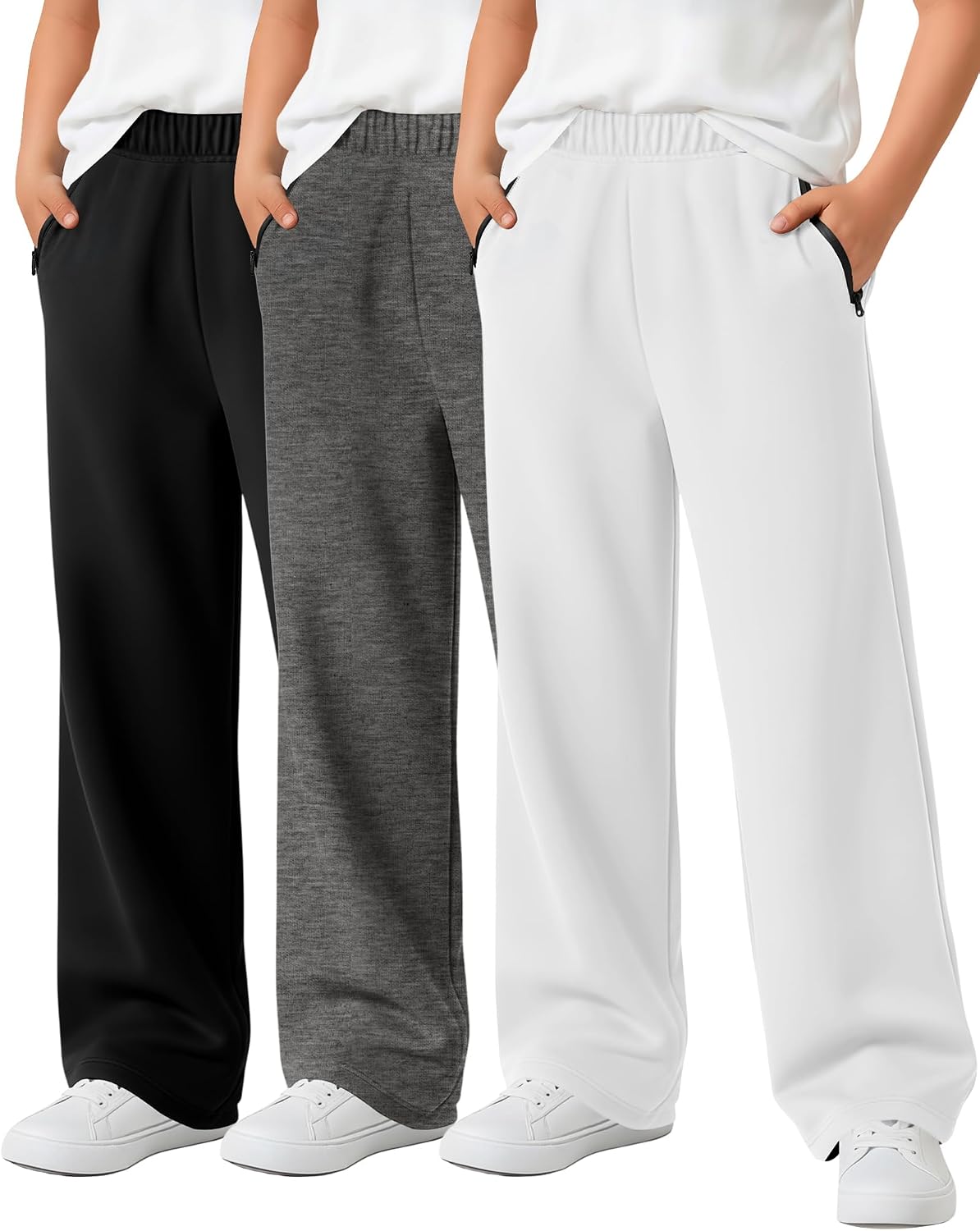 3 Pack Boys Sweatpants Wide Leg Baggy Pants Open Bottom Athletic Kids Teen Joggers with Zipper Pockets Size 5-14