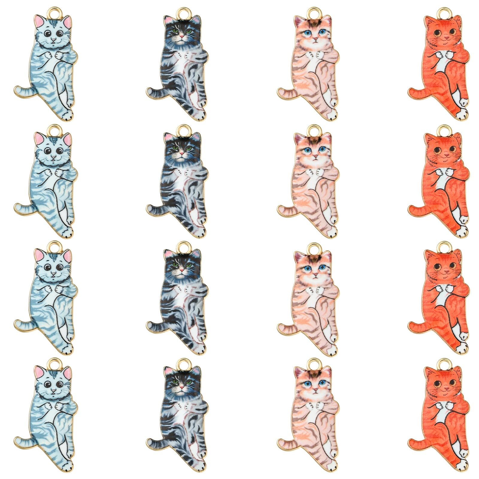 Stiesy 40Pcs 4 Colours Enamel Cat Charms Pendants Cute Standing Kitten Charm Colourful Printed Pet Animal Dangle Charms for Jewellery Making DIY Bracelet Crafting
