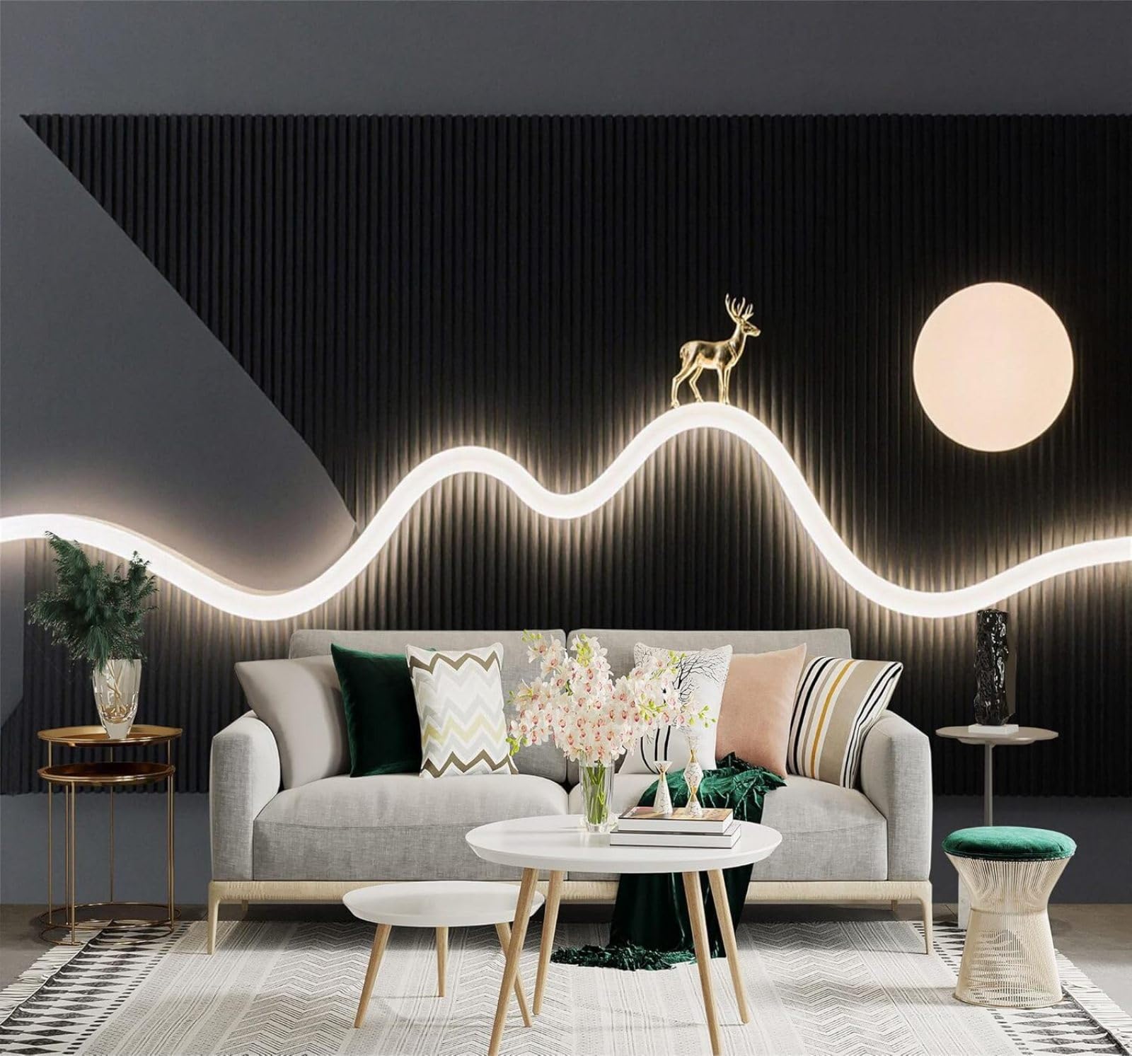 XLMING Minimalist Golden Deer Abstract Mountain Peaks Moonlight Light Art 3D Wallpaper Silky Texture Home Study Office Grey Dining Room Sofa Bedroom Living Room TV Backdrop-150cm×105cm