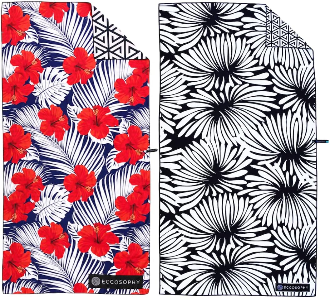 ECCOSOPHY Bundle of 2 Large 71x35 inch Microfiber Beach Towels with Travel Pouch. Designed to Keep You Sand Free and Comfortable.