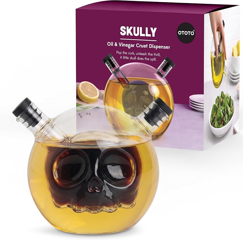 OTOTO Vinagrera de vidrio 2 en 1 para aceite y vinagre, dispensador de aceite de calavera y botella de vinagre, dispensador de aderezo para ensaladas, inmersión de pan, regalos de cocina espeluznantes, utensilios de cocina únicos (Skully-Olio)