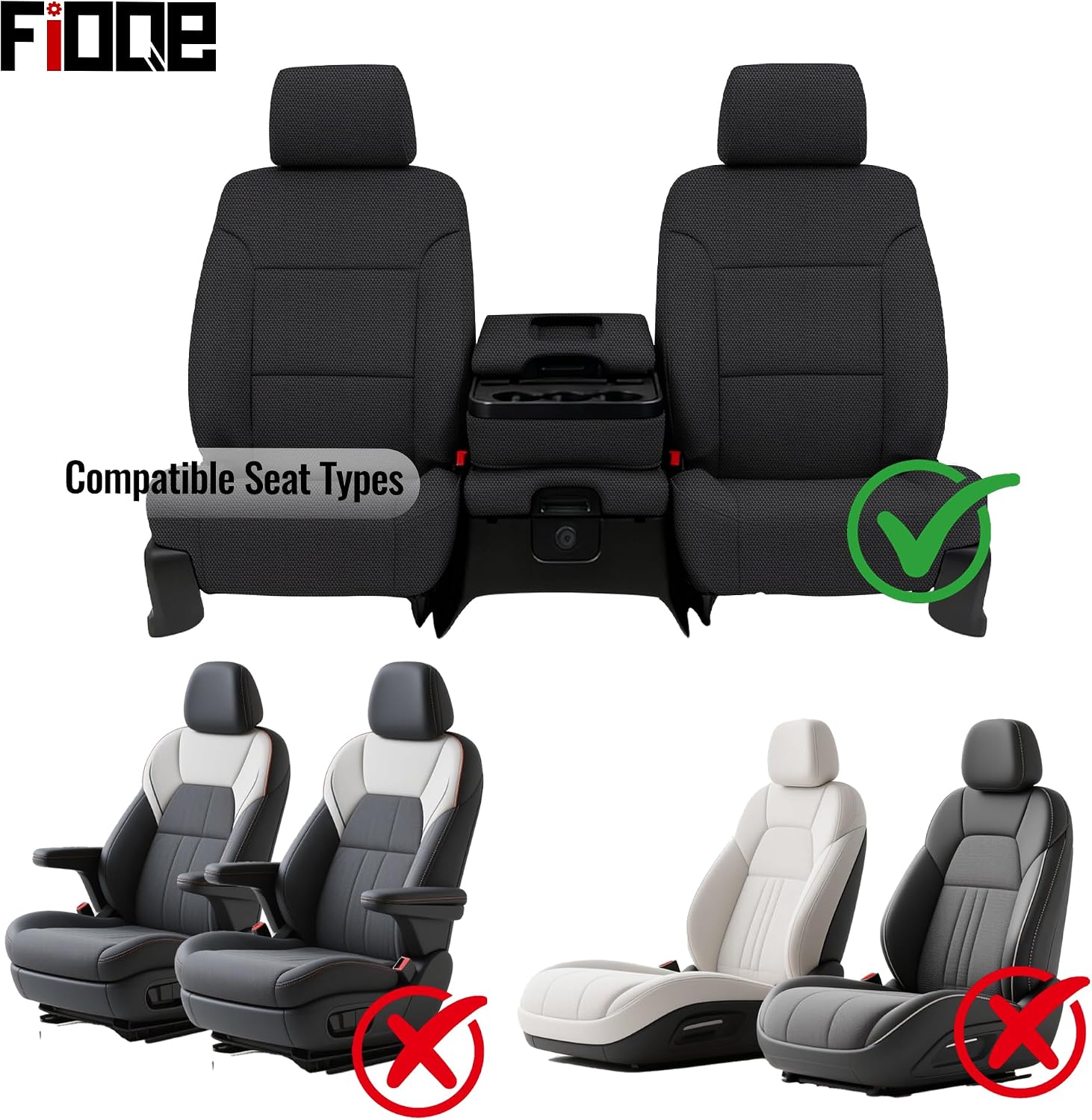 Heavy-Duty Front Seat Covers for Chevy Silverado & GMC Sierra 1500 2015 2016 2017 2018 Durable Cloth Composite Foam with Headrest and Console Covers- Black