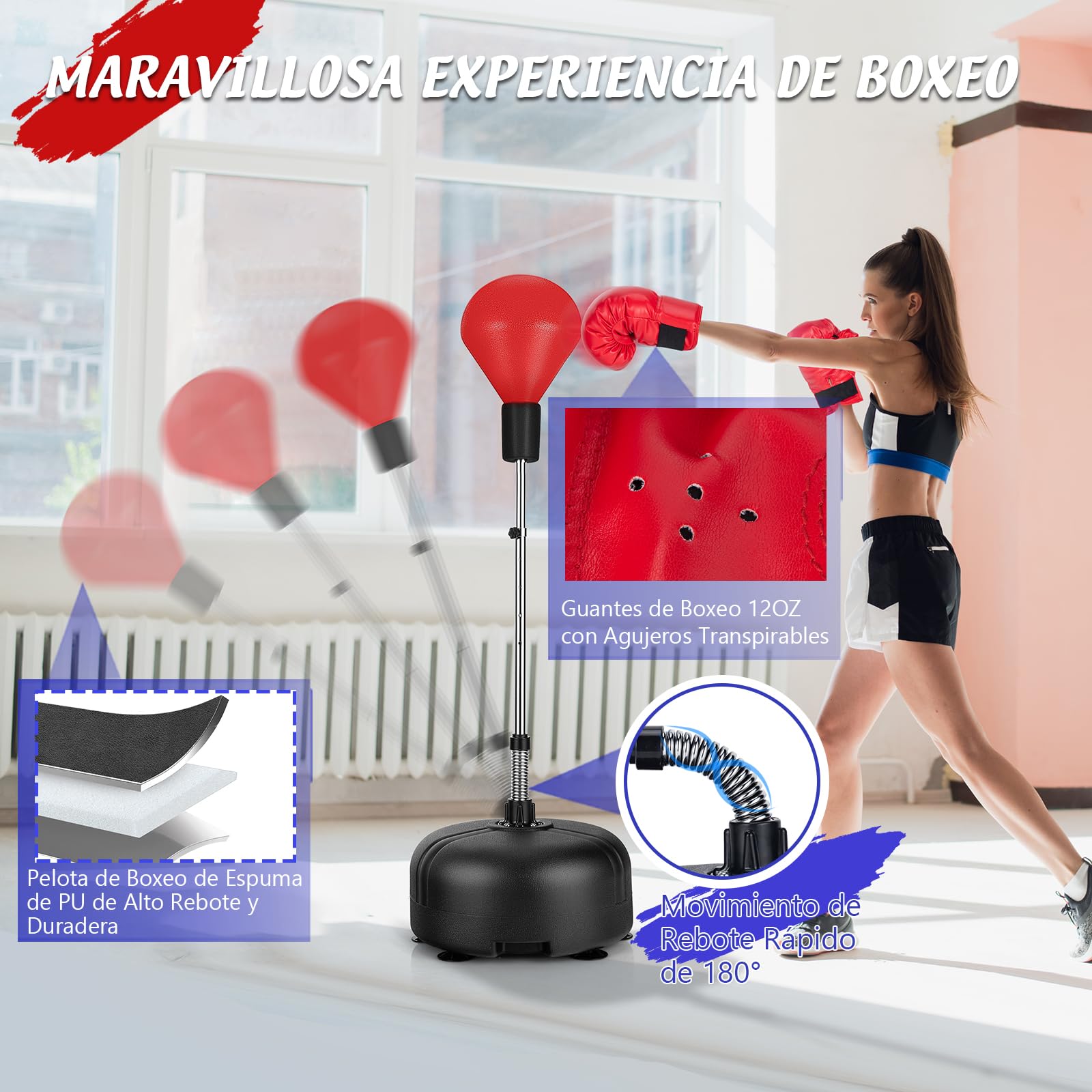 GYMAX Juego de Boxeo de Pie con Base Rellenable, 140 a 158 cm Altura Ajustable, con Guantes de Boxeo, para Adultos y Niños, para Boxeo, Kickboxing y Slivio del Estrés