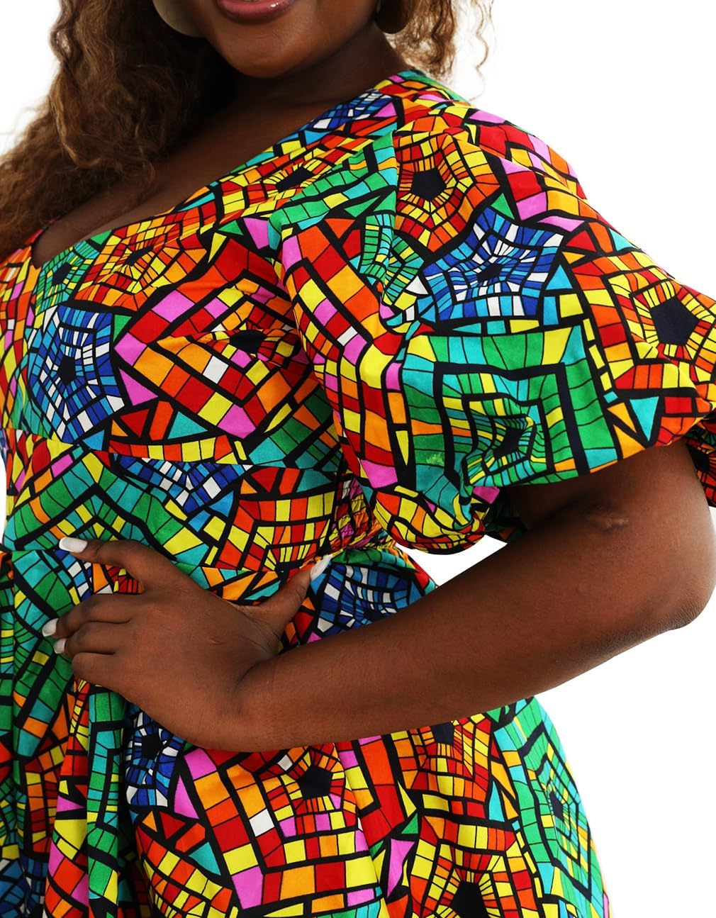 Women African Floral Print V Neck Dresses Ankara Lantern Sleeves Short Dress - Image 5