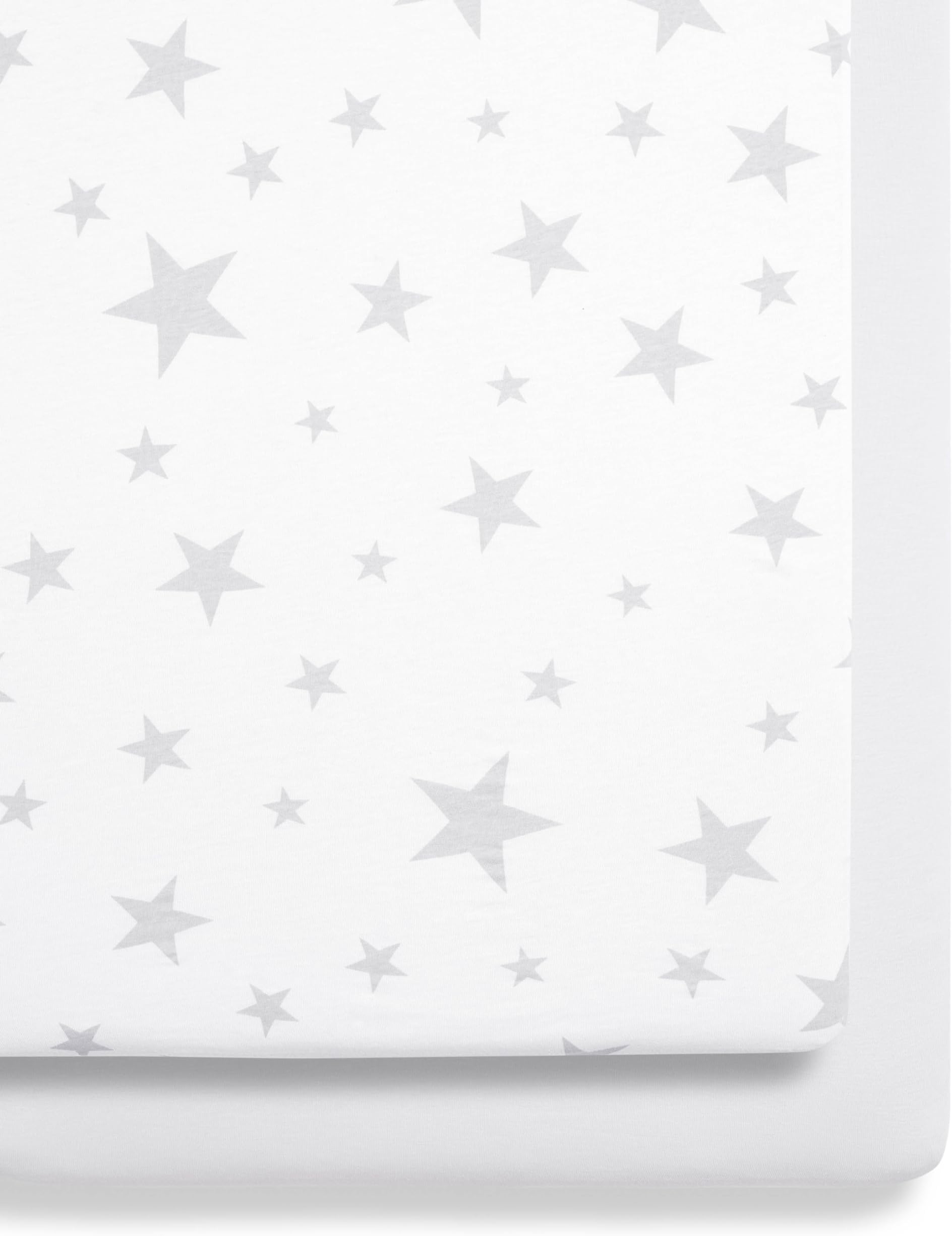 Baby Crib Fitted Sheets, Super Soft Cotton with Fun Designs for Boys and Girls, Light and Breathable, Long Lasting, Machine Washable (Pack of 2) (Gray Star)