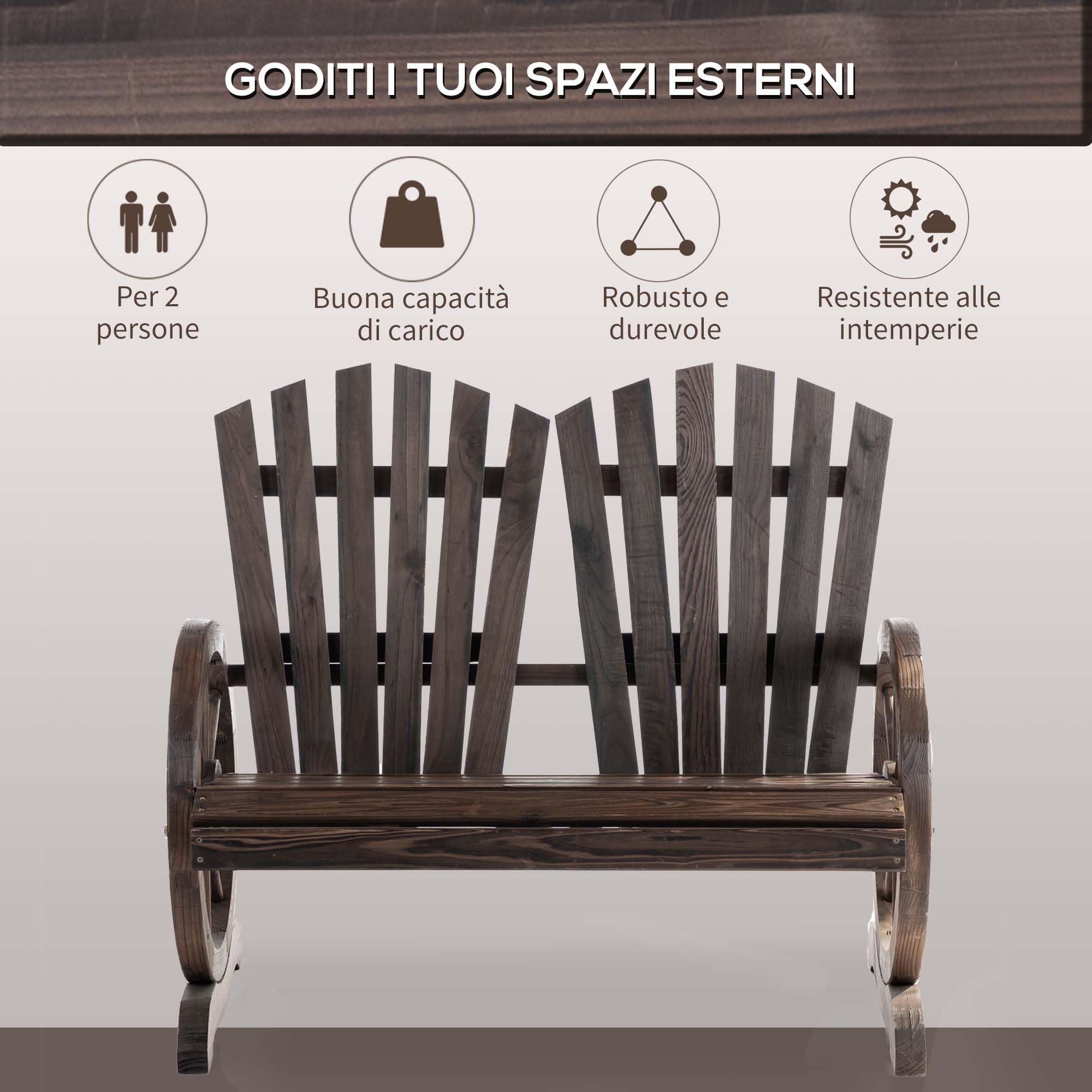 Outsunny Panchina da Giardino da 2 Posti con Braccioli a Forma di Ruota, Panchina da Esterno a Doghe in Legno di Abete, Panca per Terrazza Patio e Cortile, 108x66x95 cm, Carbonizzato