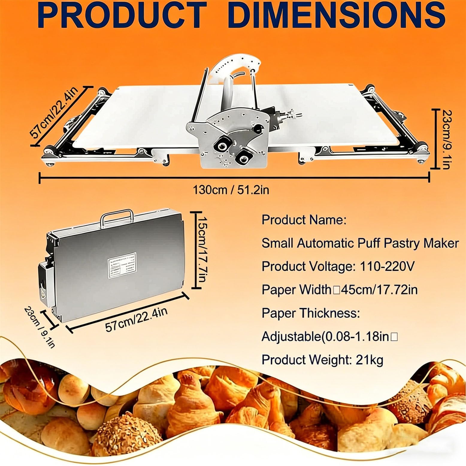Macchina per stendere la Pasta Automatica Pieghevole, in Acciaio Inox, da Tavolo, per Croissant, Fondente, Pizza, sfogliatrice, Spessore Regolabile, 130x57x23 cm
