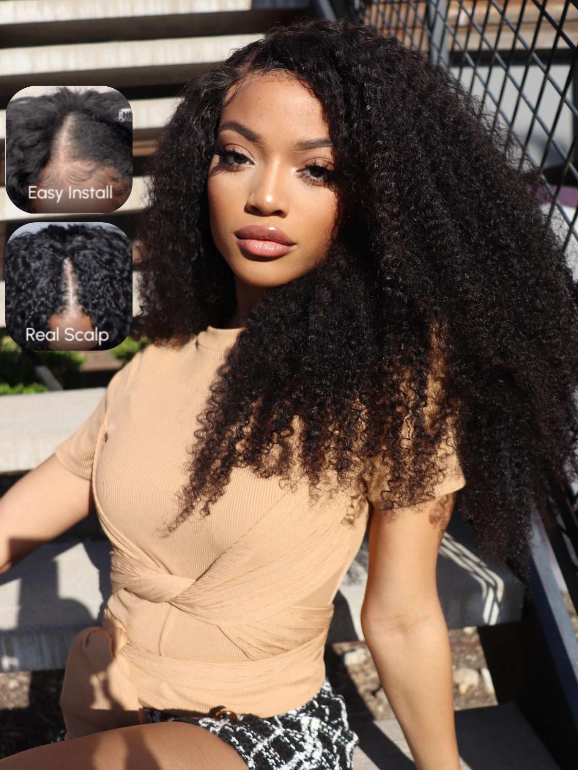 Beauty Forever Kinky Curly V Part Wig Human Hair Upgraded U Part Wigs for Women No Leave Out Glueless Wig Natural Color 150% Density 24inch