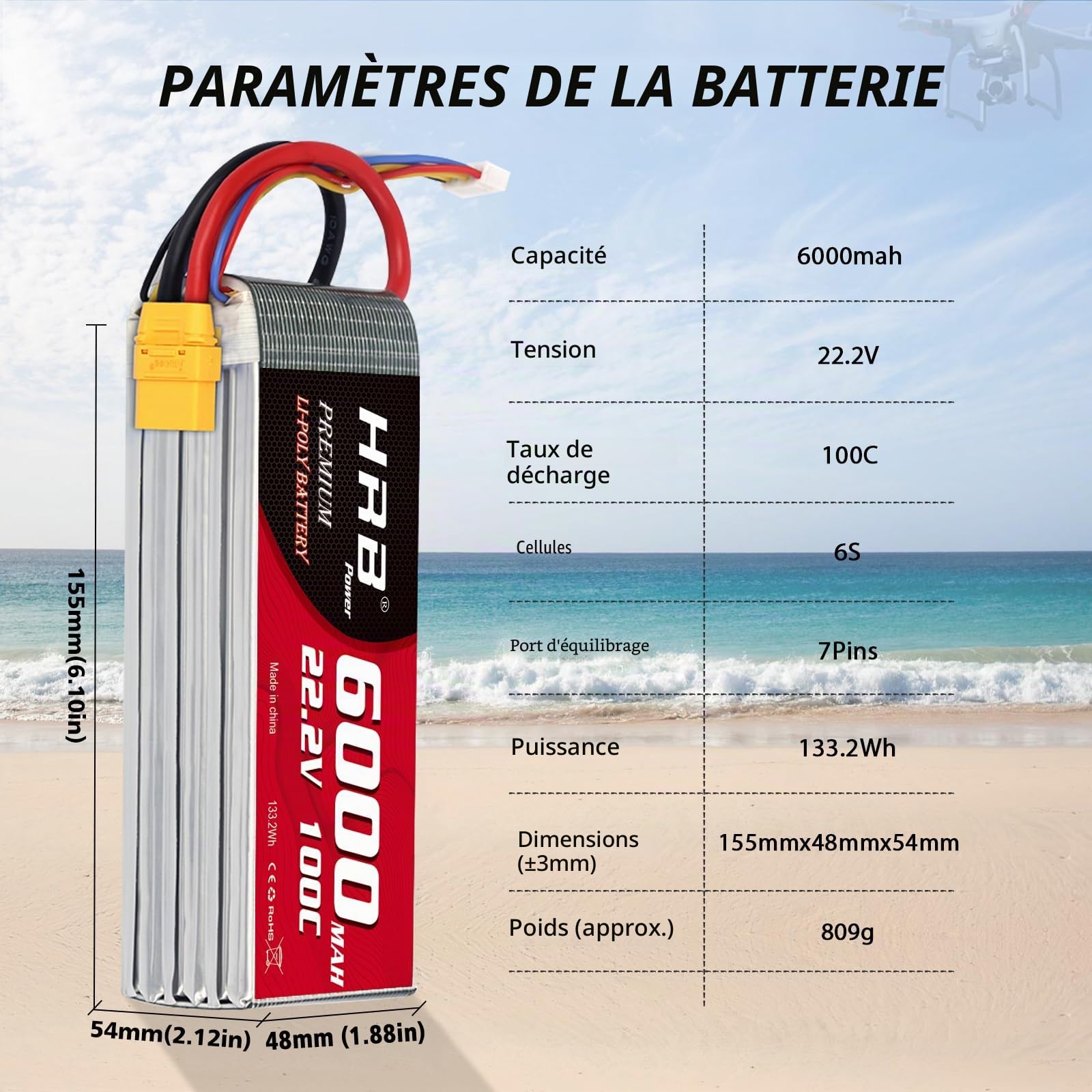 HRB 6S 6000 mAh 100 C Batterie LiPo XT90 22,2 V - Batterie LiPo RC Compatible avec hélicoptère RC, avion, voiture, bateau, camion - 2 pièces