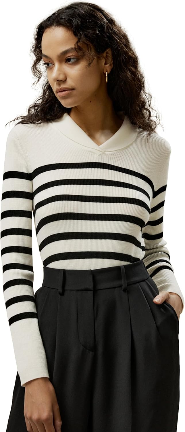 LilySilk Women's Sweater Merino Wool Black & White Stripes Basic Pullover & Base Layer for Fall Winter