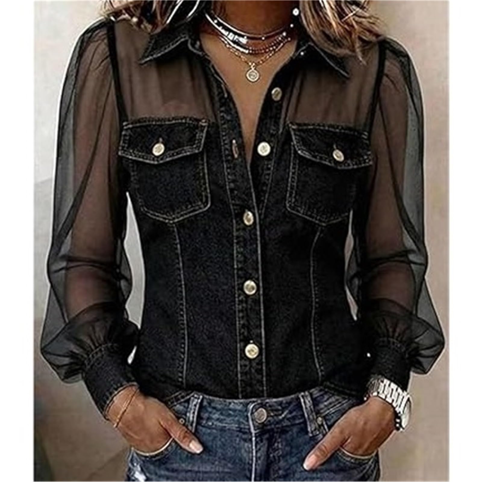 Camicia in Denim A Maniche Lunghe con Inserti Camicia in Denim da Donna A Maniche Lunghe in Rete Trasparente, Camicetta Abbottonata con Tasche sul Petto
