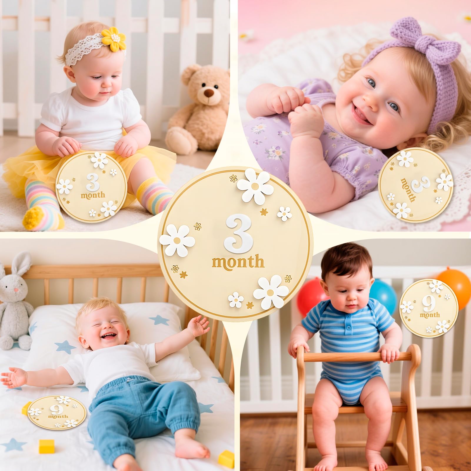 Kartka Krok Drewniany Dziecko Miesiąc Miesięczny Niemowlęta 0-12 Miesięcy | Plakat My First Times Dziecko Na Prezent Narodziny Przyszłe Rodzice Baby Shower Rejestracja Wzrostu (Styl1)