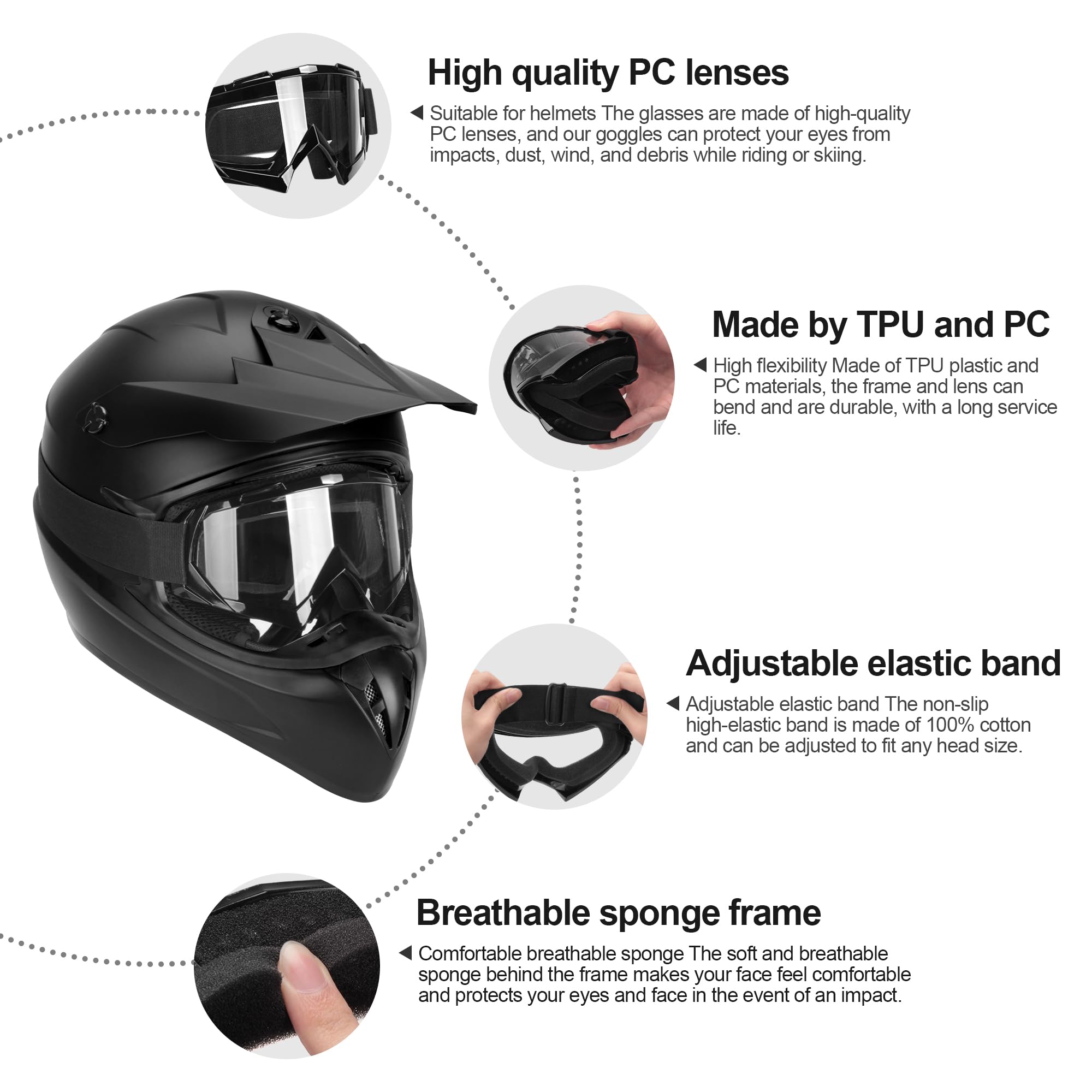 JAGASOL Lunettes de moto tout-terrain pour homme et femme - UV 400 - Anti-rayures, antibrouillard, anti-poussière - Pour adultes et jeunes enfants