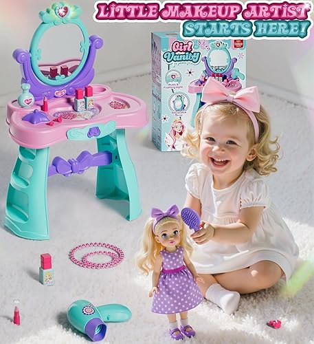 Miniatura 6 de Lehoo Castle Juego de mesa y silla de tocador para niños con espejo, luz, música, mesa de maquillaje para niñas con taburete y secador de pelo
