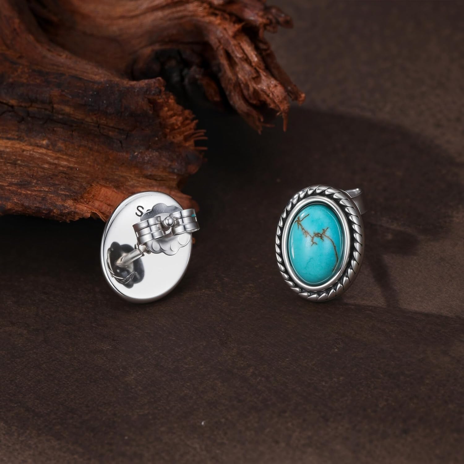 Genuine Turquoise Stud Earrings Vintage 925 Sterling Silver for Women Braids Circle Turquoise Earrings Oval Blue Gemstone Bohemian Native American Western Jewelry for Her Wife Mom