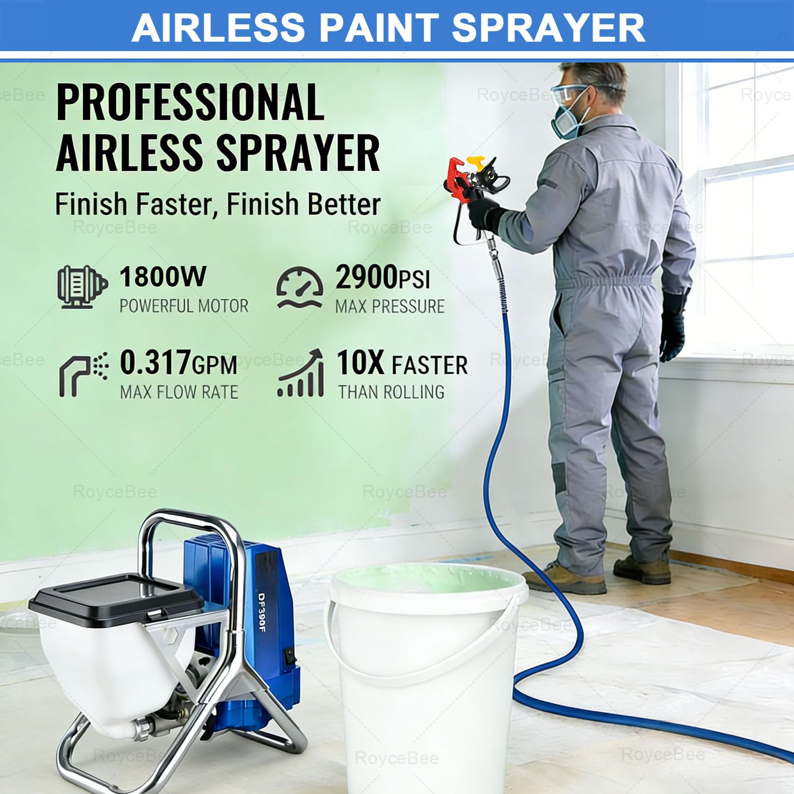 Pulverizador Airless para Pintura 1800W 2900 PSI，Pistola Eléctrica con Depósito 6L, Manguera 10m, Caudal 2L/min，para Paredes, Techos, Madera, Metal，Presión Regulable