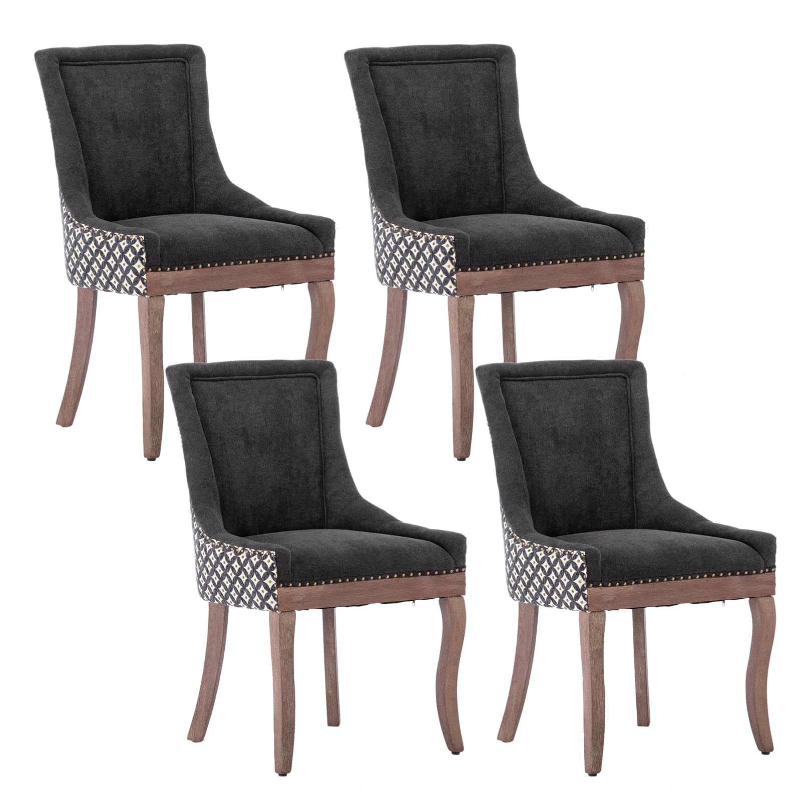 Aoowow Fabric Vintage Upholstered Side Chairs Set of 4, Farmhouse Solid Wood Kitchen Dining Room Chairs with Nailheads Legs (Fabric Black Patterned)