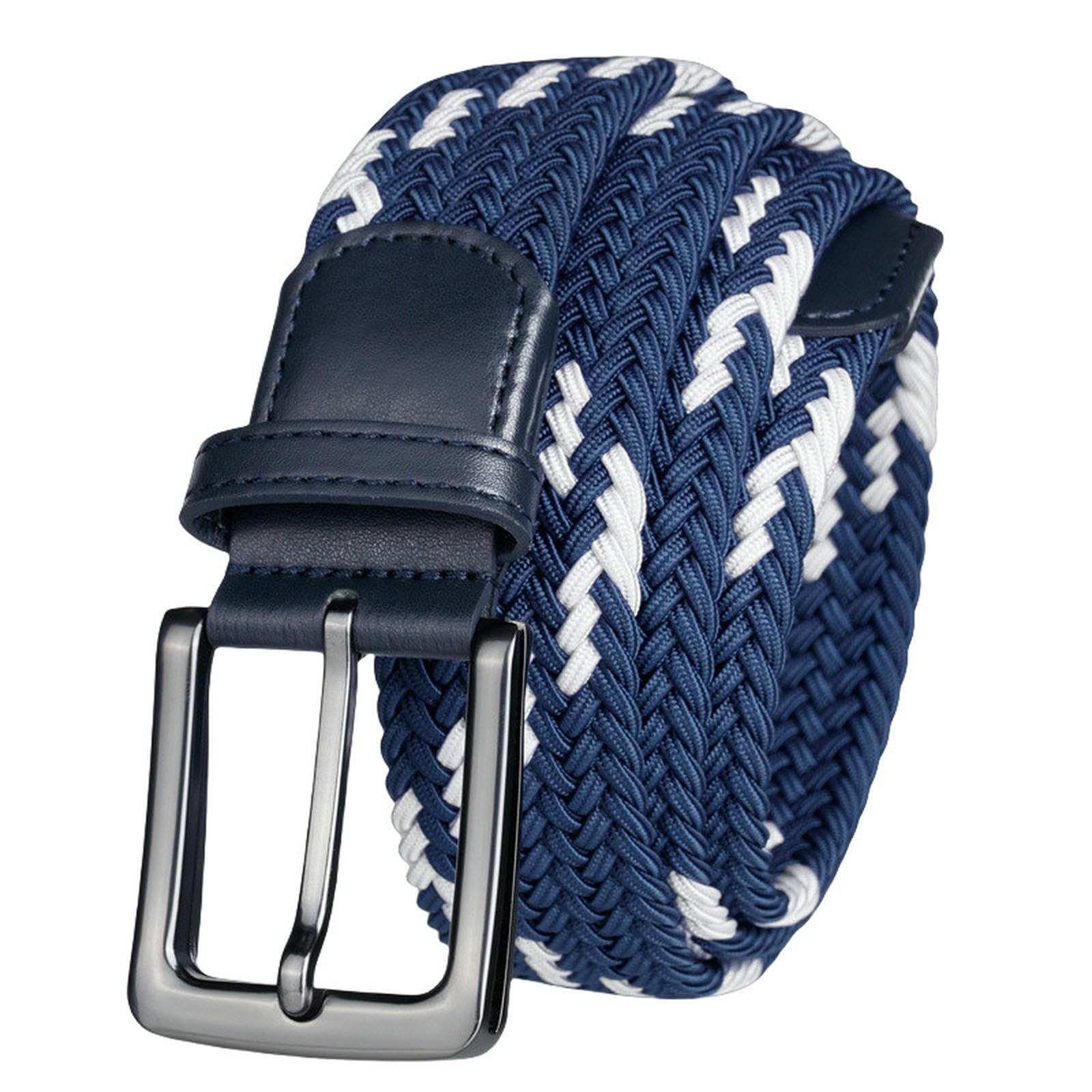 Cmzybbd Men's Blue-White Belts Elastic Braided Belt ’S High-End Golf Belt Youth Business Pin Buckle Belt For Jeans-135Cm