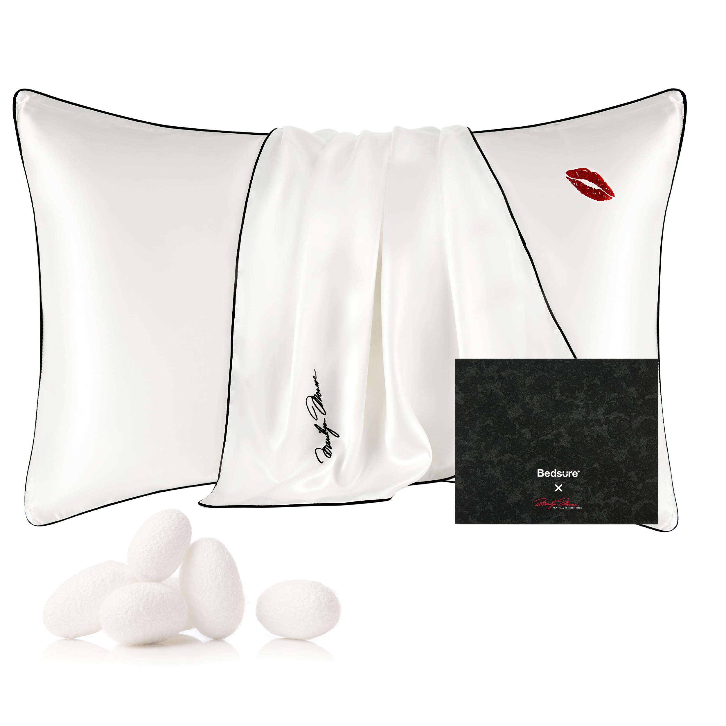 Bedsure x Marilyn Monroe 100% Mulberry Silk Pillowcase for Hair and Skin, White Silk Pillow Case with Hidden Zipper, Gifts for Women Men, Queen Size 1 Pack, 20x30 Inches?Right?