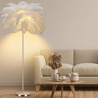 Feather Floor Lamp for Living Room, Fluffy Ostrich Feathers Lamp, Rose G...
