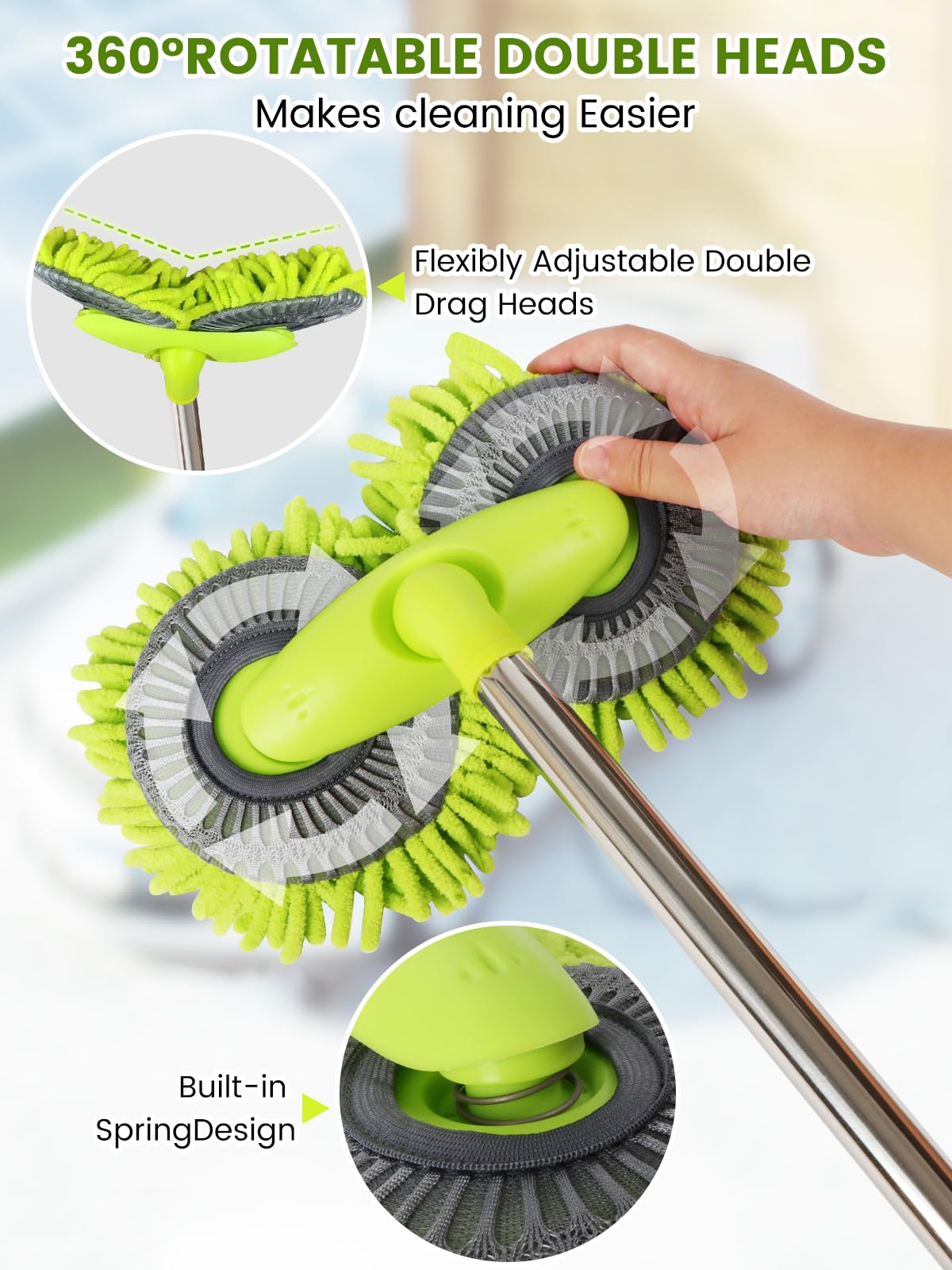 47"Dual Head Rotatable Car Wash Brush 3 Sections 120cm Chenille Soft Bristles Cleaning Detail Brush Suitable for Clean Uneven Surfaces SUV Van RV Caravan Roof Engine Hood Home Window