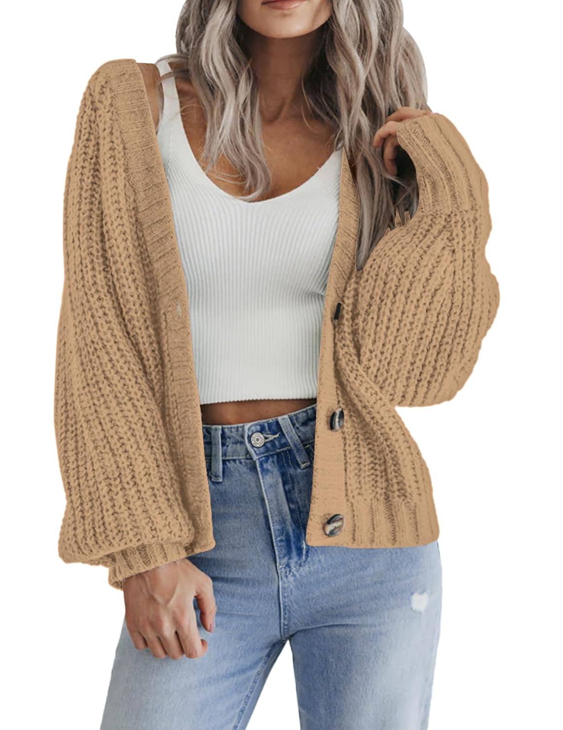 Zeagoo Womens 2026 Fall Chunky Knit Cardigans Open Front Long Sleeve V Neck Button Loose Cardigan Sweaters