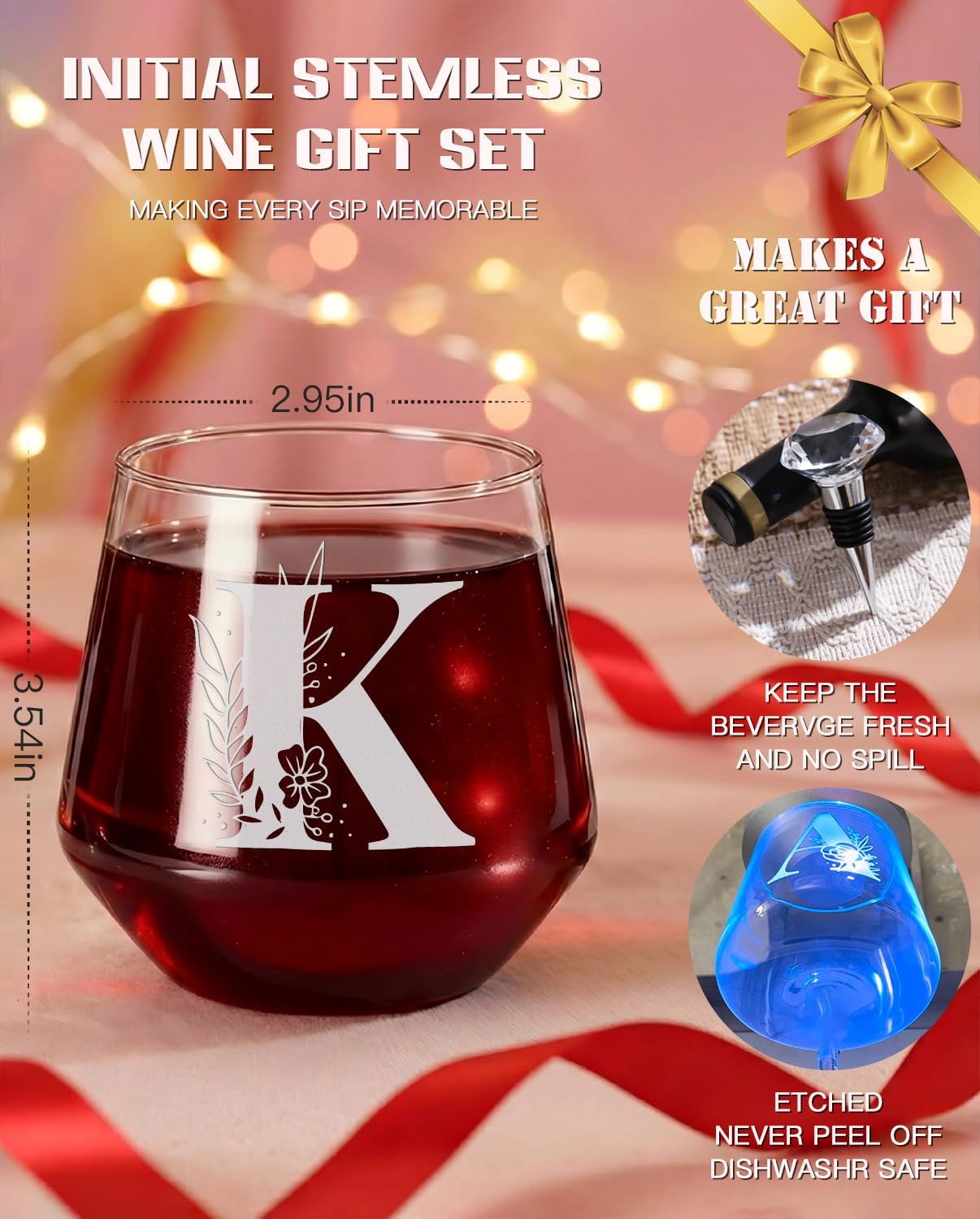 Physkoa Personalized Stemless Wine Glass — Customized A–Z Initial, Etched & Dishwasher Safe | Birthday Wine Gift for Her, Mom, Friend, Wife, Sister | Valentine’s Day Monogrammed Gift(K) - Image 2