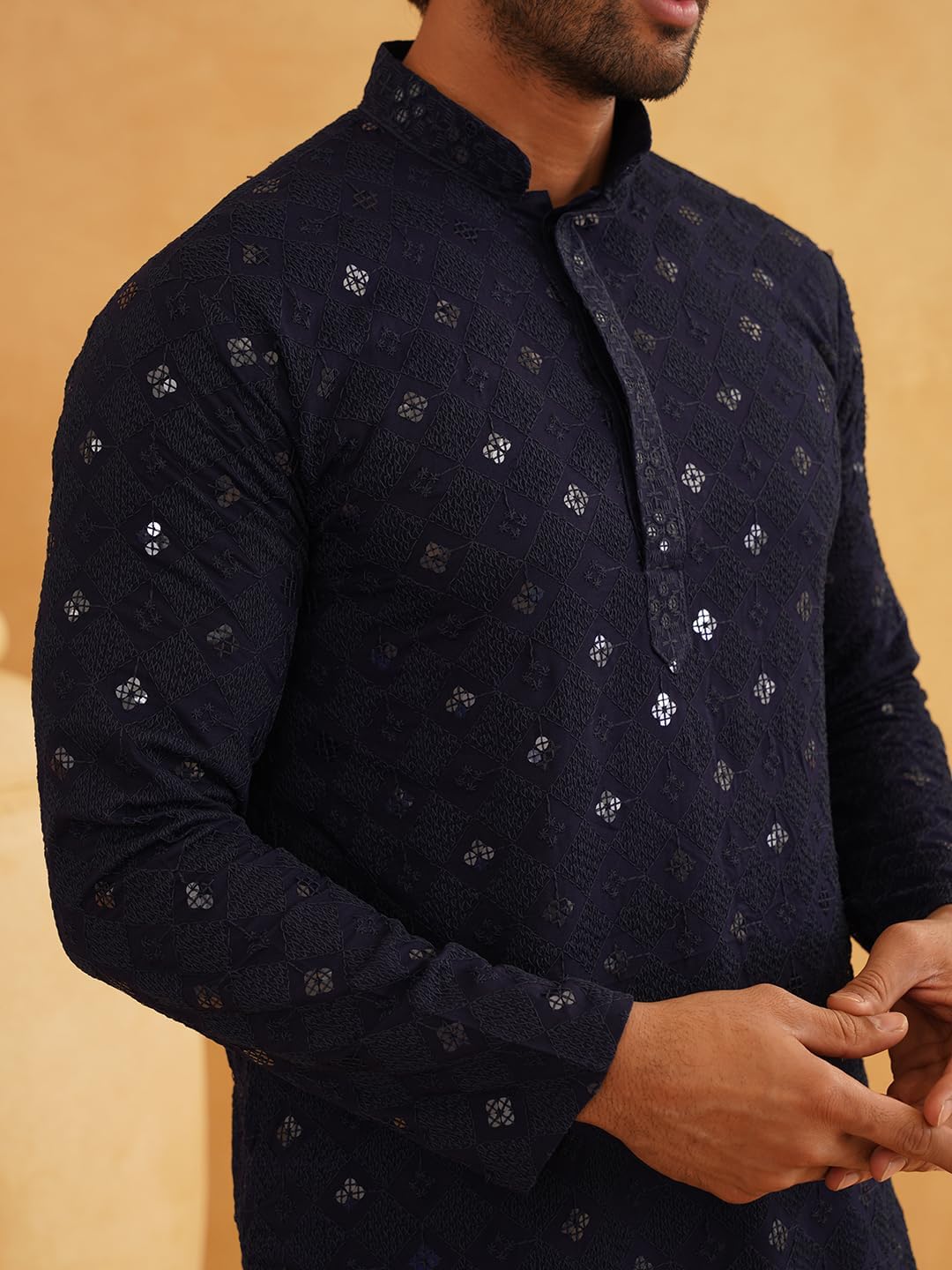 Sojanya (Since 1958 Men'S Cotton Embroidered Sequinned Kurta With White Churidaar Pyjama - Image 5