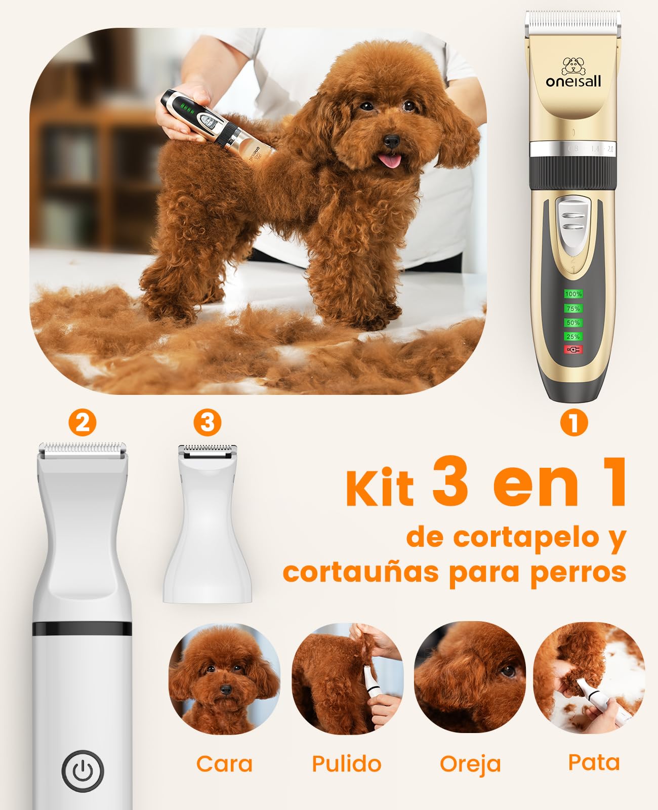 oneisall Kit de cortapelos para perros y patas de perro, 2 en 1, kit de aseo para mascotas, gatos, perros, silencioso, inalámbrico