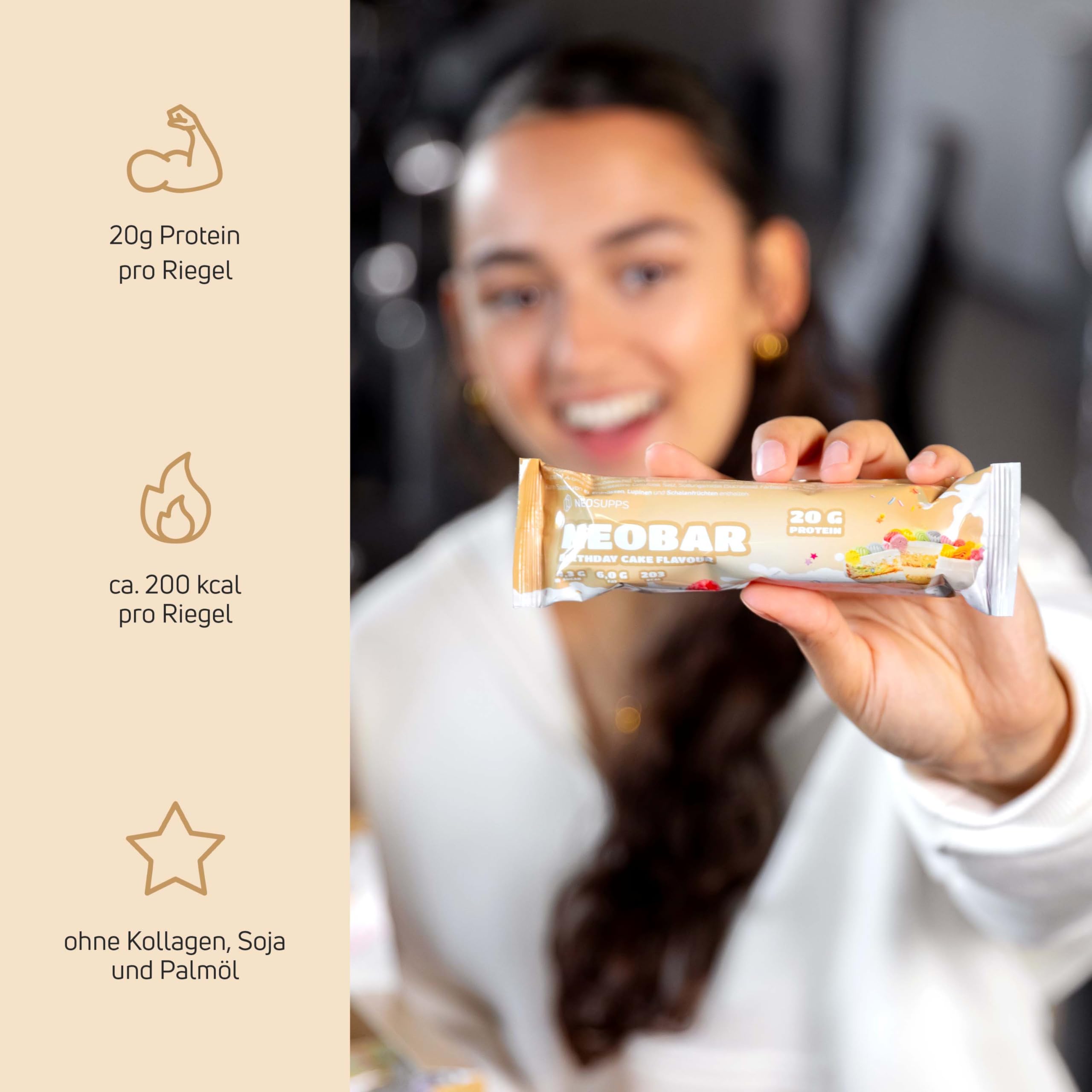 Neosupps Proteinriegel Neobar Birthday Cake – 12 x 60 g, 21 g Protein, nur 0,8 g Zucker, Low-Fat, in verschiedenen Geschmäckern erhältlich, Made in Germany – Fitness Snack