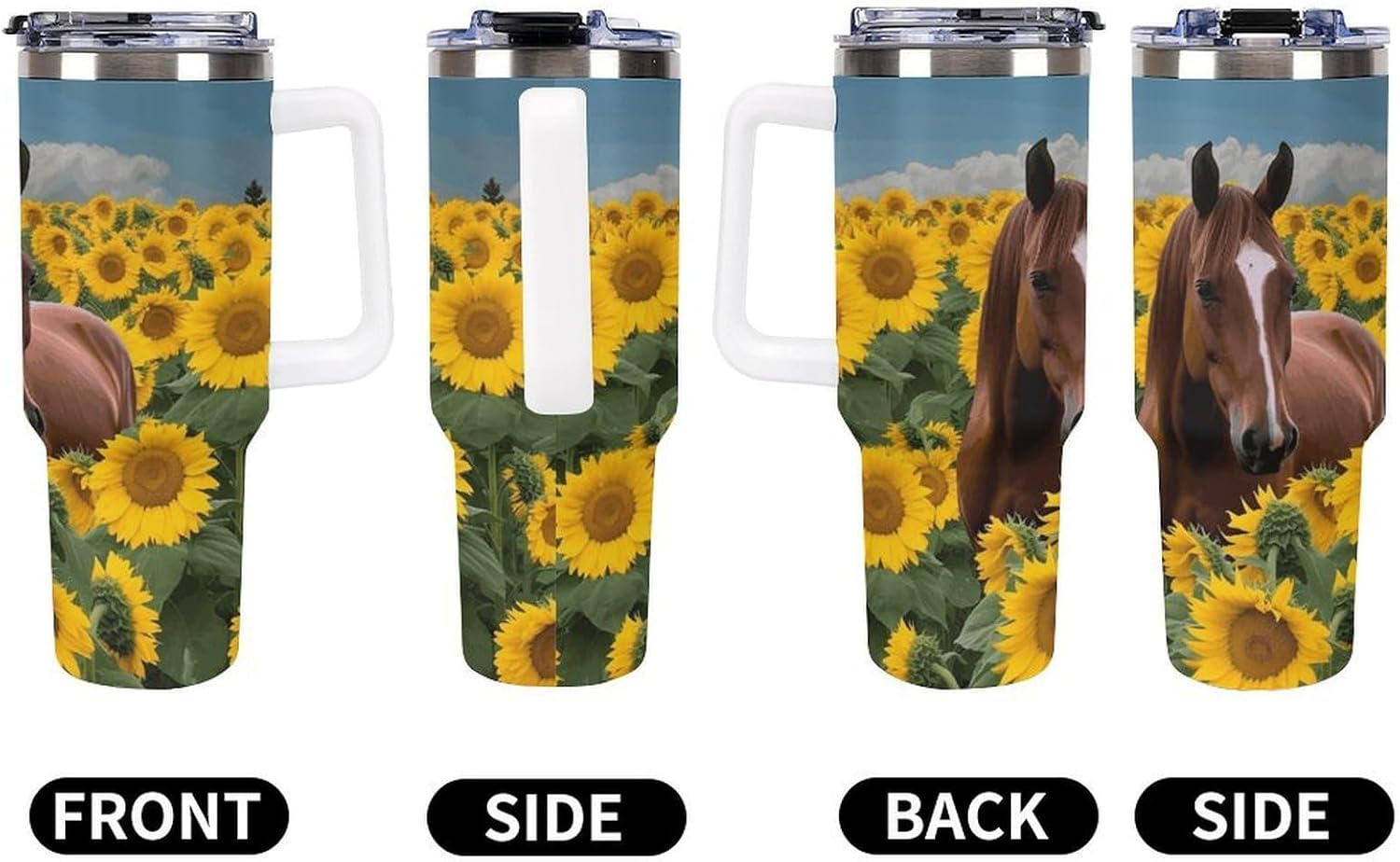 Horse And Sunflower Travel Coffee Mug Reusable Durable Stainless Steel Insulated Tumbler with Handle And Straw Leak Resistant Portable Thermal Cup Gifts for Men Women 40 Oz