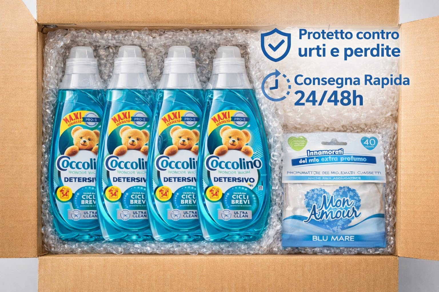 Coccolino Wonder Wash Ultra Clean 4 x 54 Lavaggi (216 Totali) – Detersivo Liquido Lavatrice 2160 ml x4 – Ideale per Cicli Brevi – Maxi Scorta Convenienza + Profumatore Mon Amour in Omaggio
